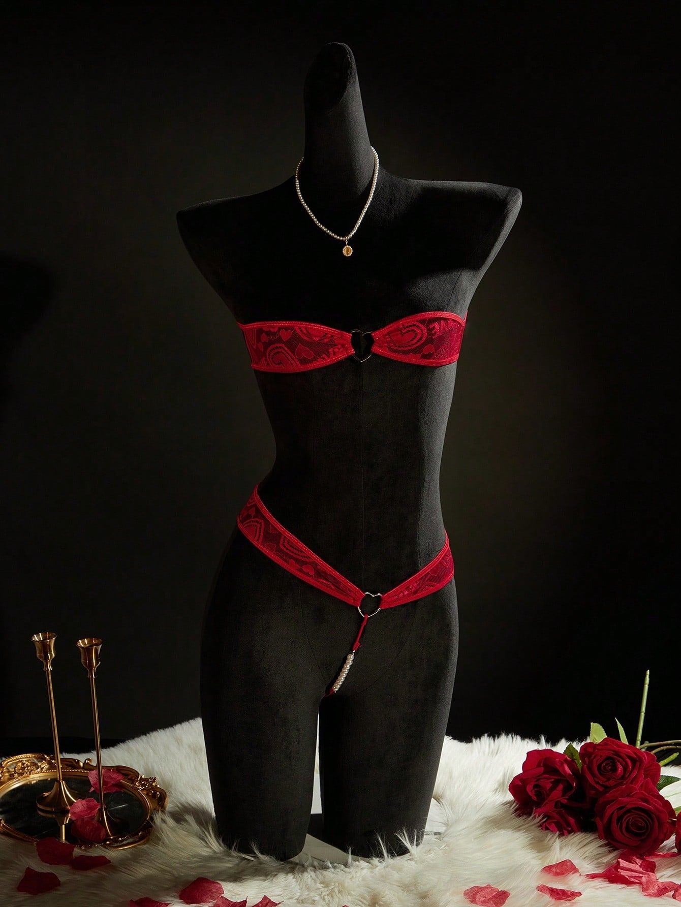 Women's Fashion Sheer Heart Detail Bandeau Sexy Lingerie Set Lace Lingerie
