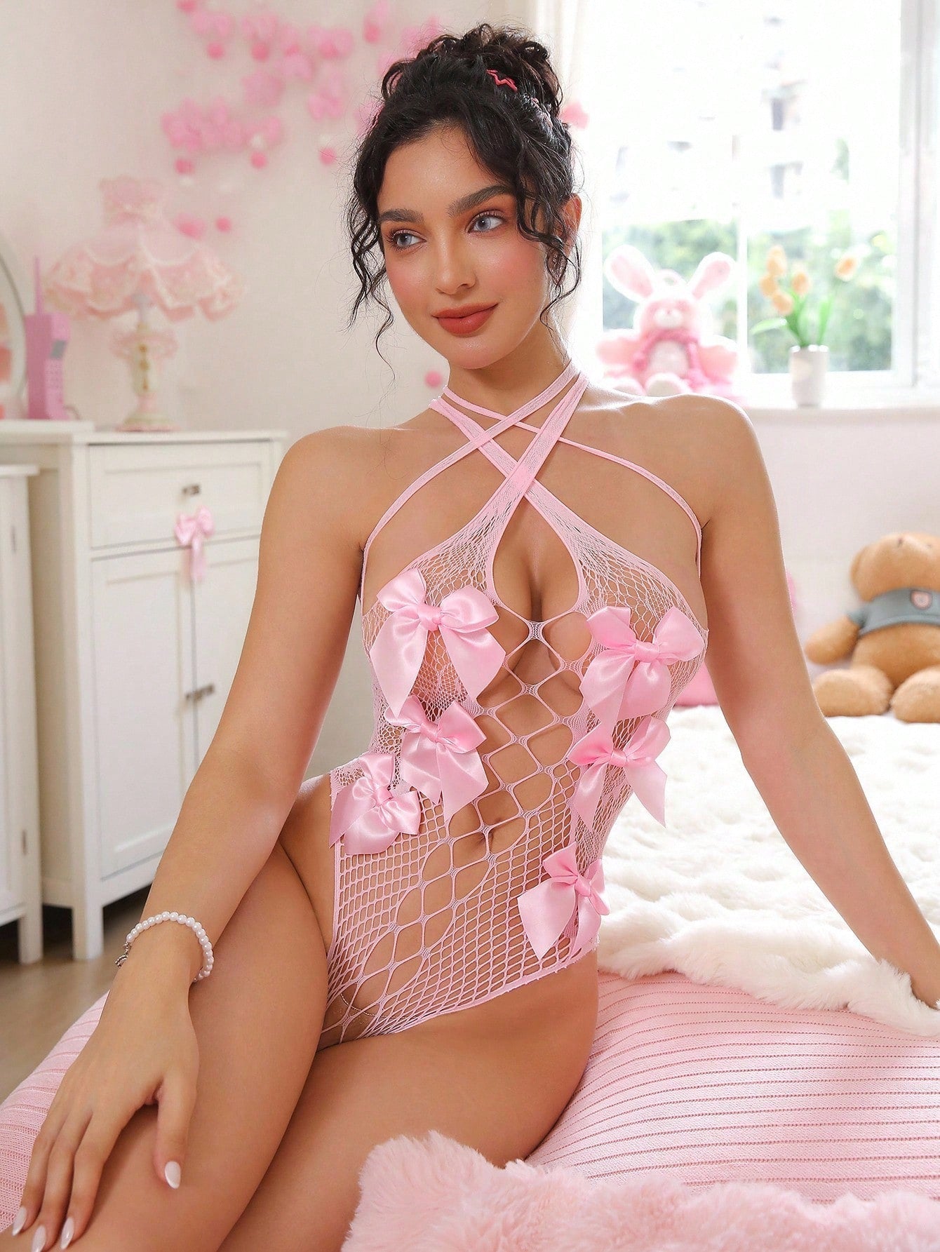 Women Fuchsia Sheer Bodysuit With Bow Accent And Criss Cross Halter Design, High Stretch Fabric Construction, Lightweight One-Piece Structure, Suitable For General Wear And Outfit Styling
