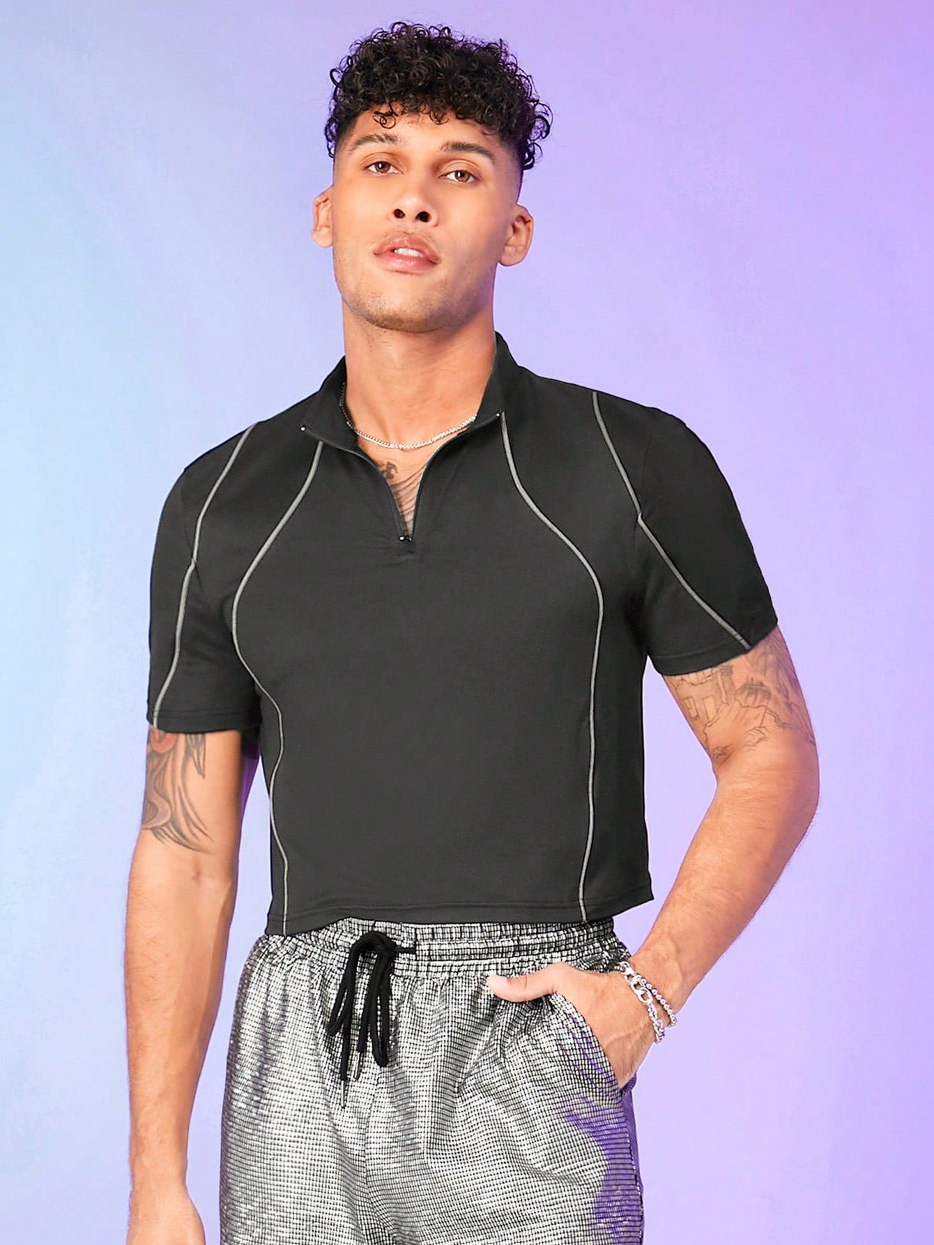 Men's Contrast Piping Zip Front Polo Shirt