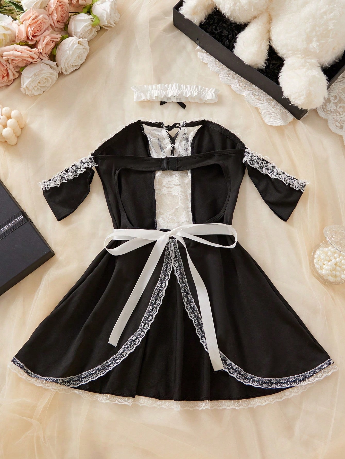 Women’s Black & White Patchwork Costume Set With Apron