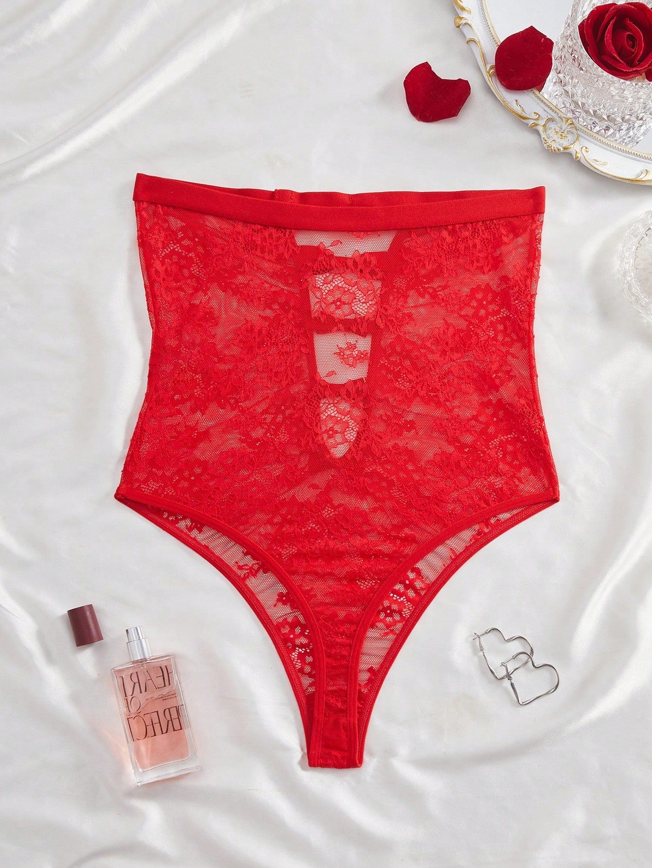 Hollow Cut-Out Bow Decor Lace Romper Sexy Bodysuit