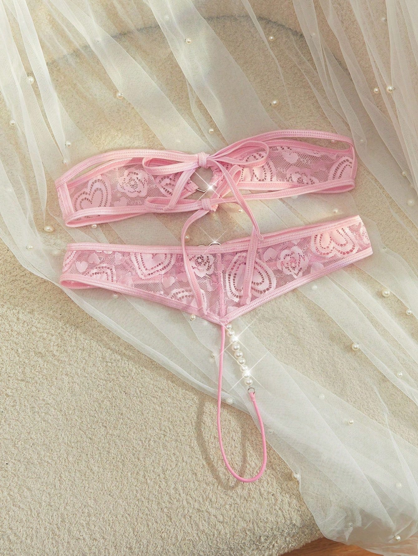 Women's Fashion Sheer Heart Detail Bandeau Sexy Lingerie Set Lace Lingerie