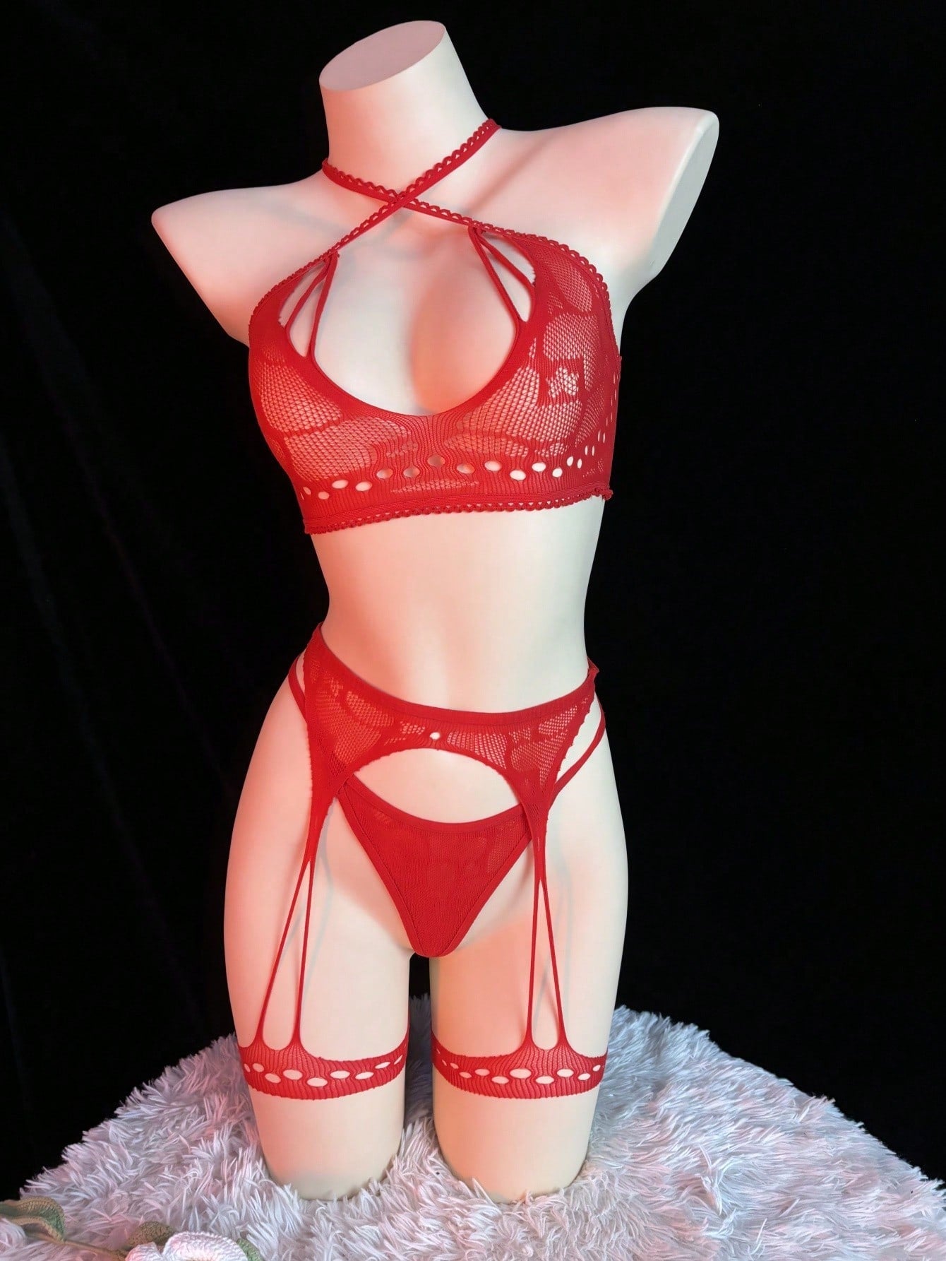 3pcs Women Solid Color Mesh Lingerie Set, Lightweight Fabric Construction, Coordinated Three-Piece Structure, Suitable For General Wear And Styling
