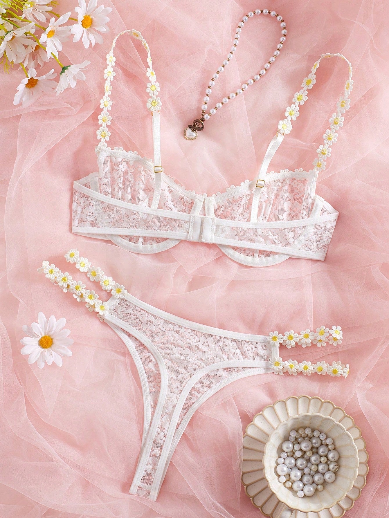 Sheer Mesh Contrast Lace Floral Embroidery Underwire Lingerie Set