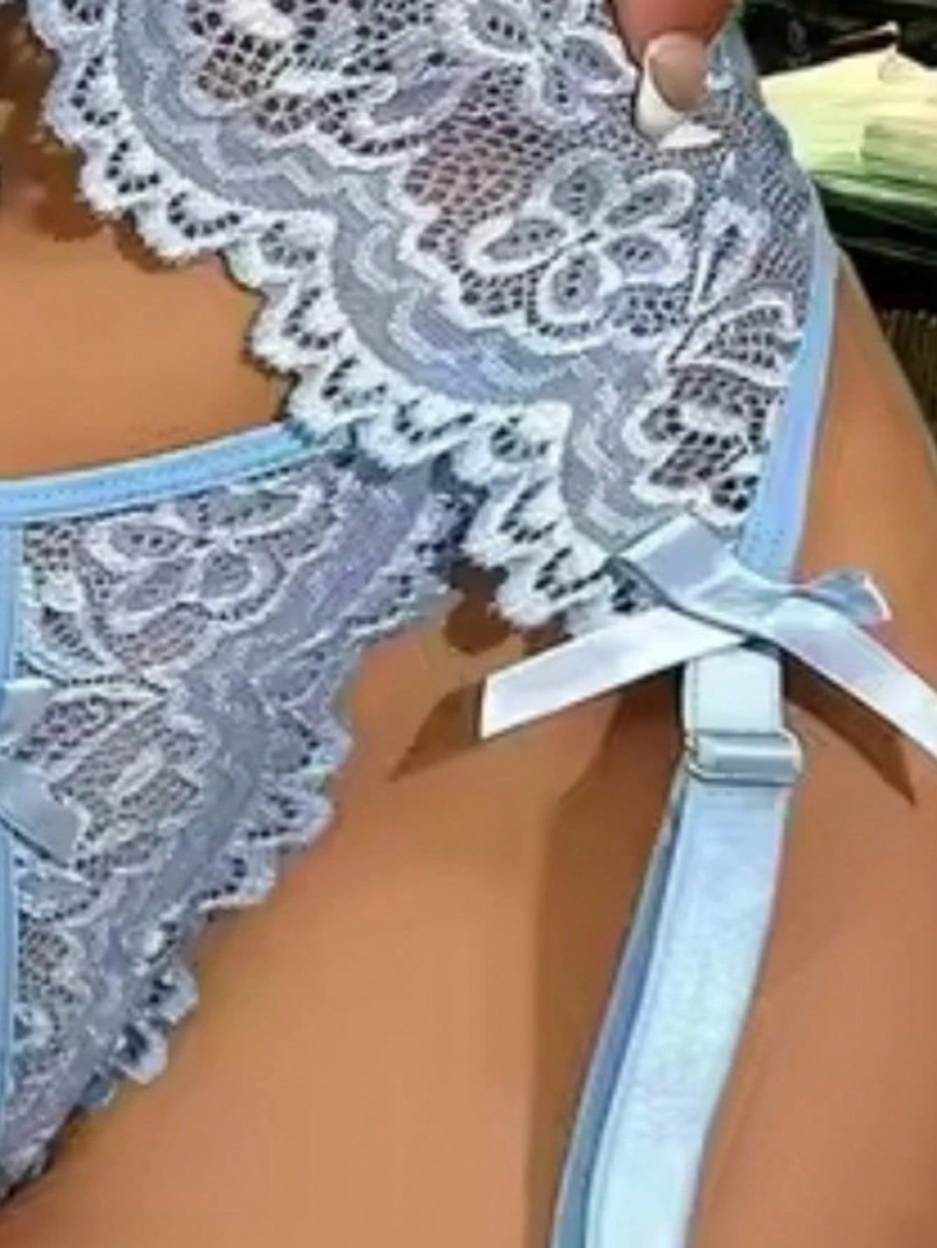 3pcs Women Lace Coordinated Set With Floral Embroidery And Hollow Detail, Including Matching Top And Bottom Pieces With Bow Accent, Lightweight Fabric Construction, Suitable For General Wear And Styling