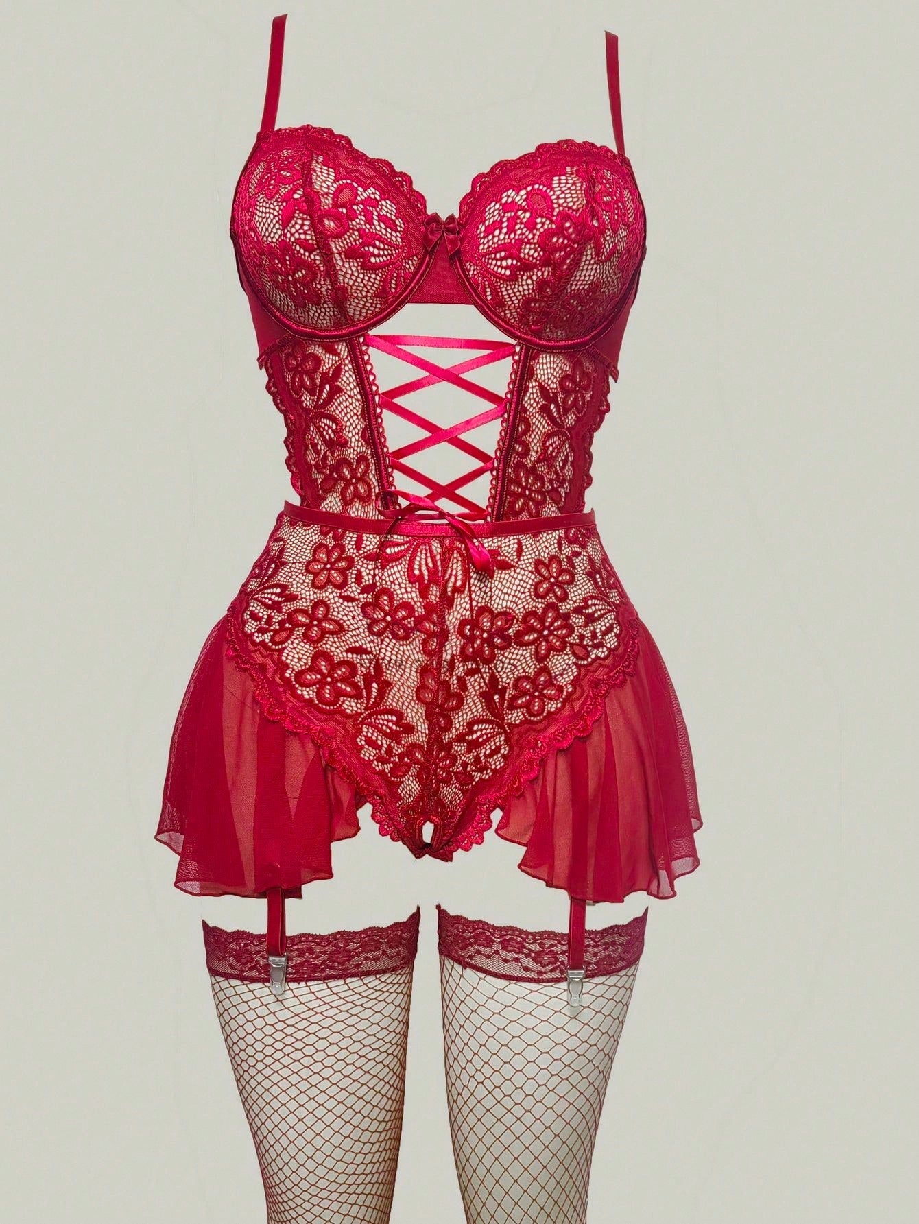 3pcs Set: Lace Patchwork Ruffle Hem Slit Bodystocking With Garter Belt + 2pcs Fishnet Stockings, Party Outfit