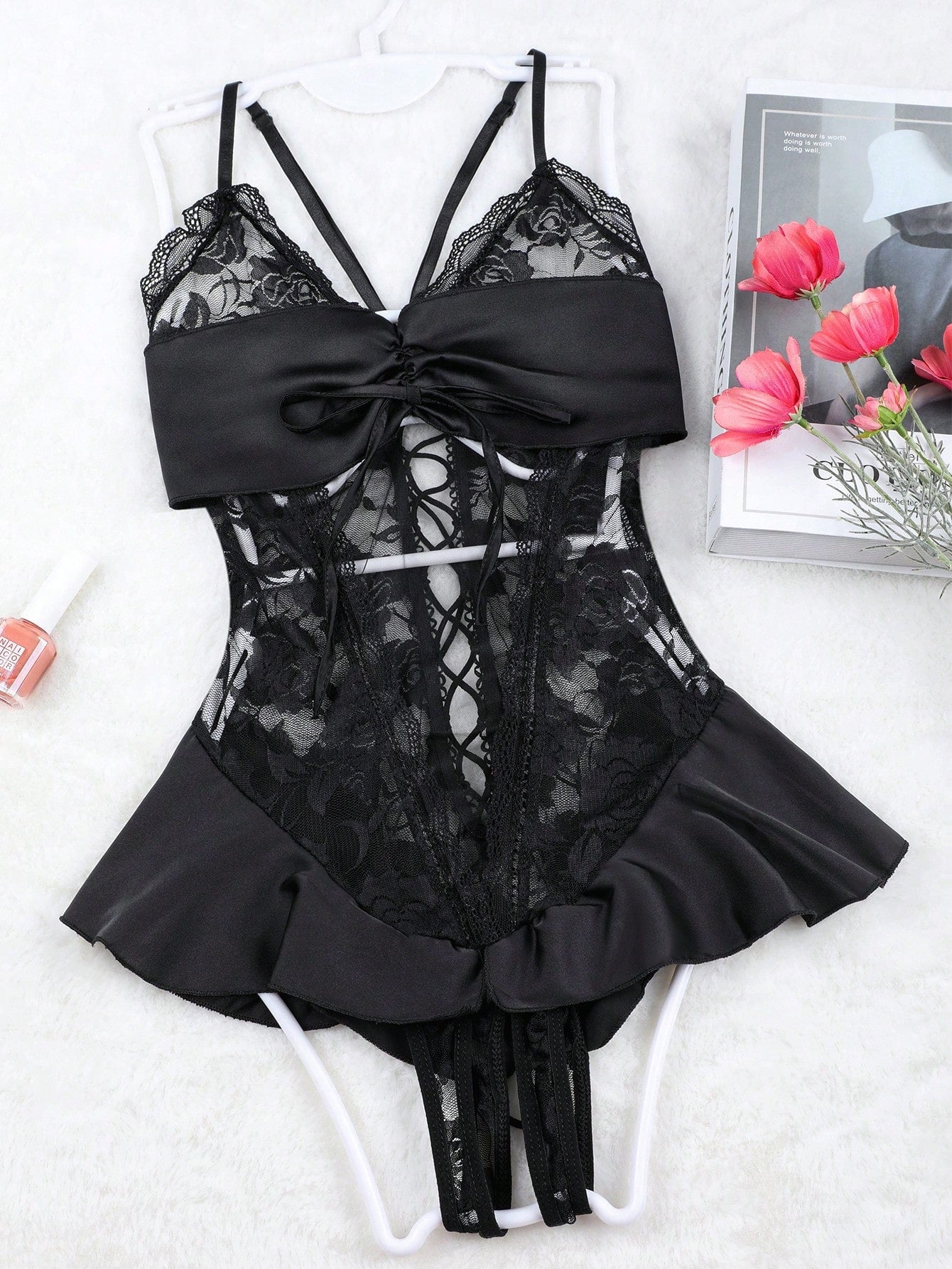 Deep V Hollow Strap See-Through Bodysuit