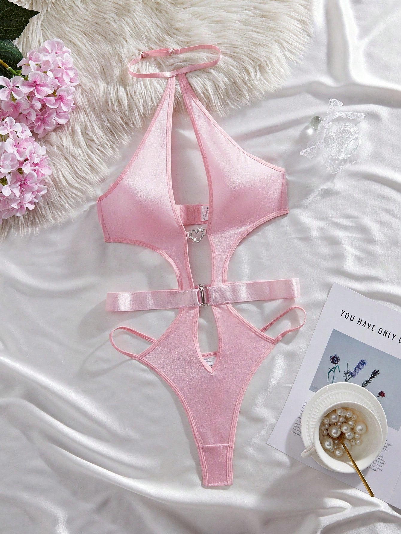 Women’s Pink Halter Bodysuit With Rhinestone Accent