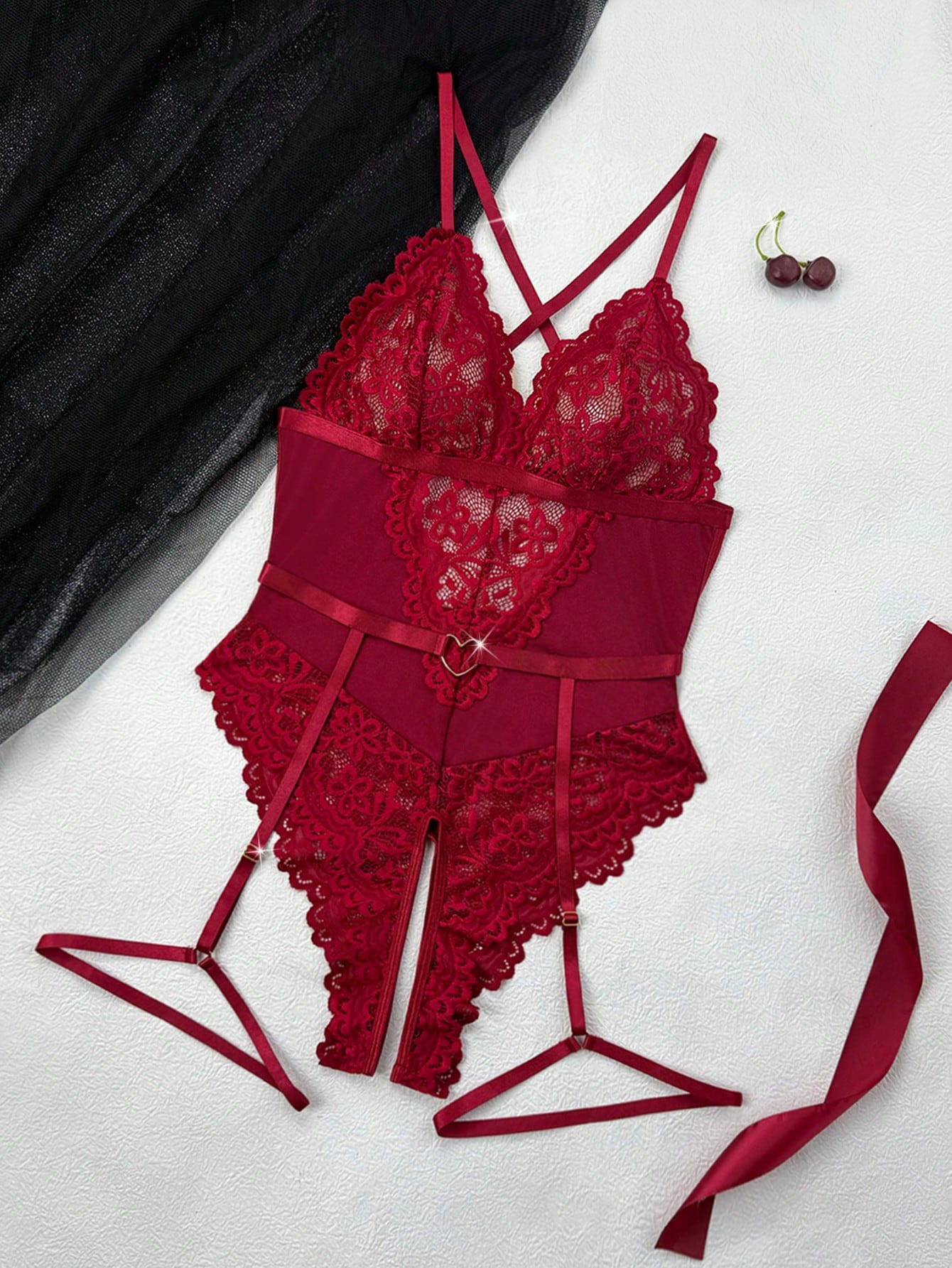 Seduluxe 2pcs Lace Sheer Lingerie Bodysuit (Wireless/Garterbelt) For Women, Sexy For Going Out