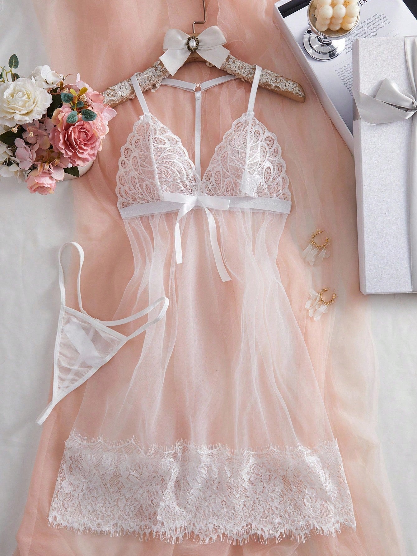 2pcs White Lace Sexy Sleepwear Dress Set For Going Out