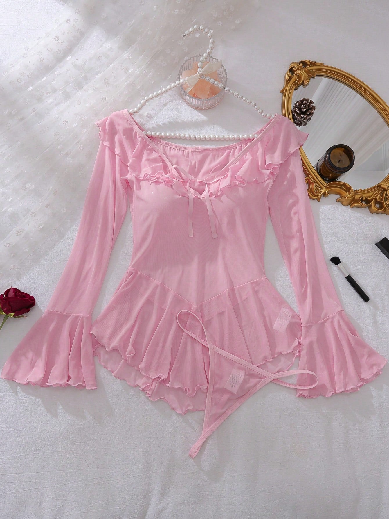 2pcs Women Mesh Splicing Nightwear Style Set With Flounce Collar And Long Sleeve Pleated Design, Lightweight Fabric Construction, Coordinated Two-Piece Structure, Suitable For General Wear And Styling