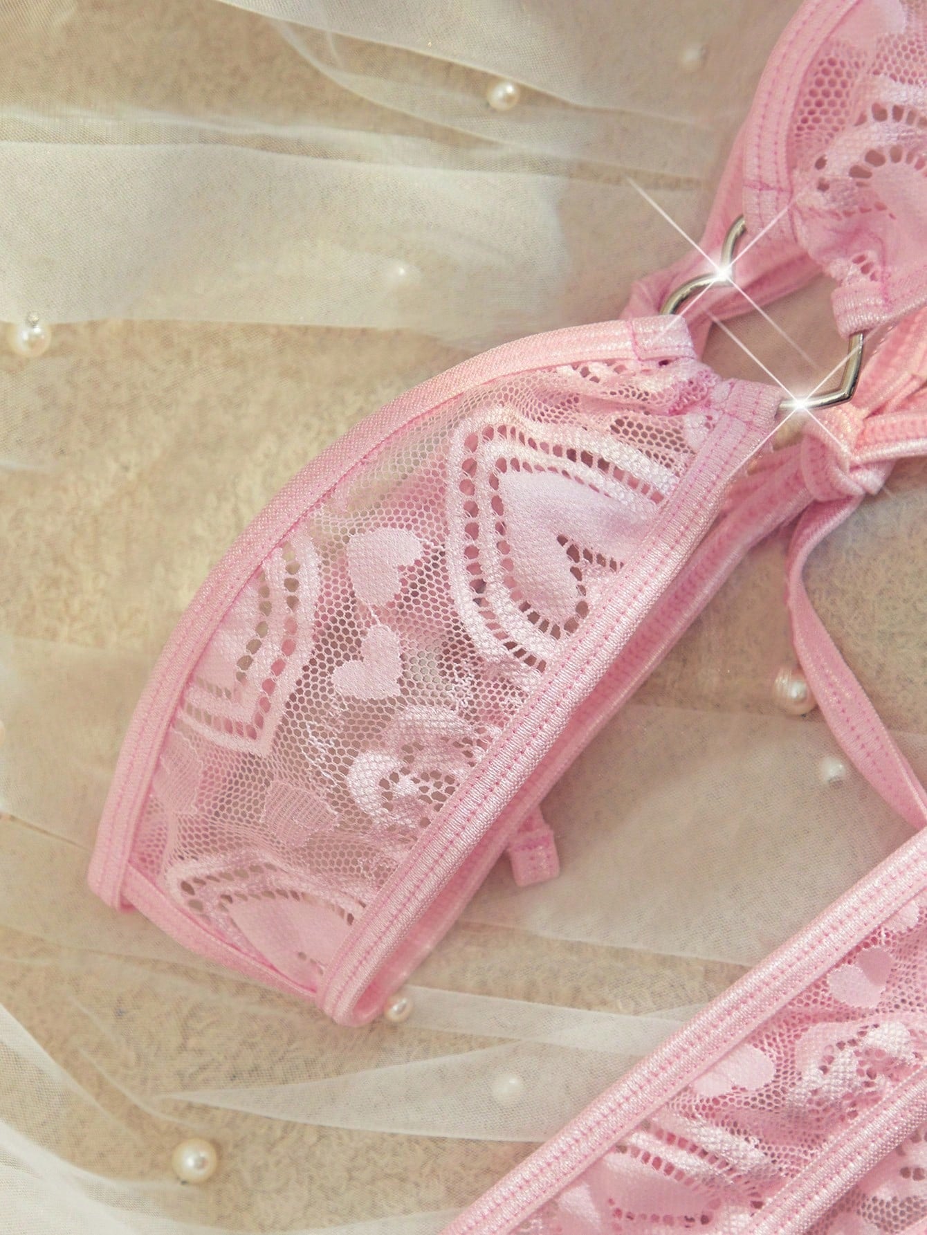 Women's Fashion Sheer Heart Detail Bandeau Sexy Lingerie Set Lace Lingerie