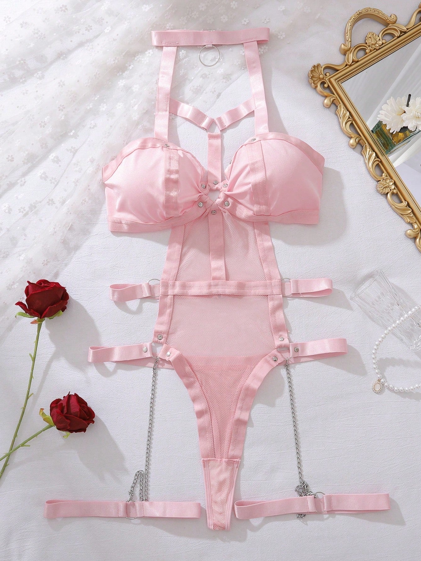 Punk Ring Linked Harness Teddy Bodysuit with Leg Rings