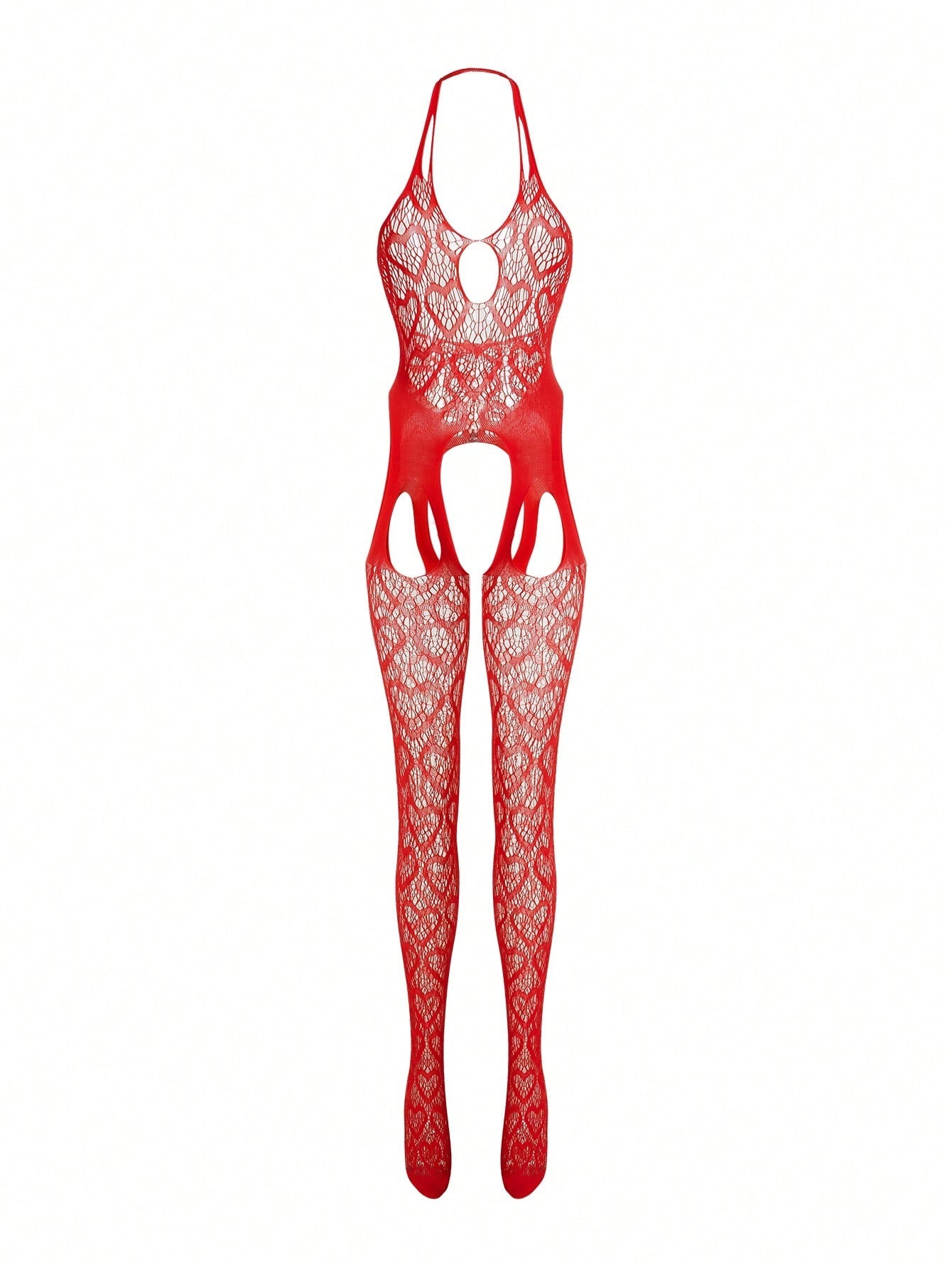Heart Mesh Full Coverage Footless Crotchless Backless Halter Sexy Jumpsuit For Women For Going Out