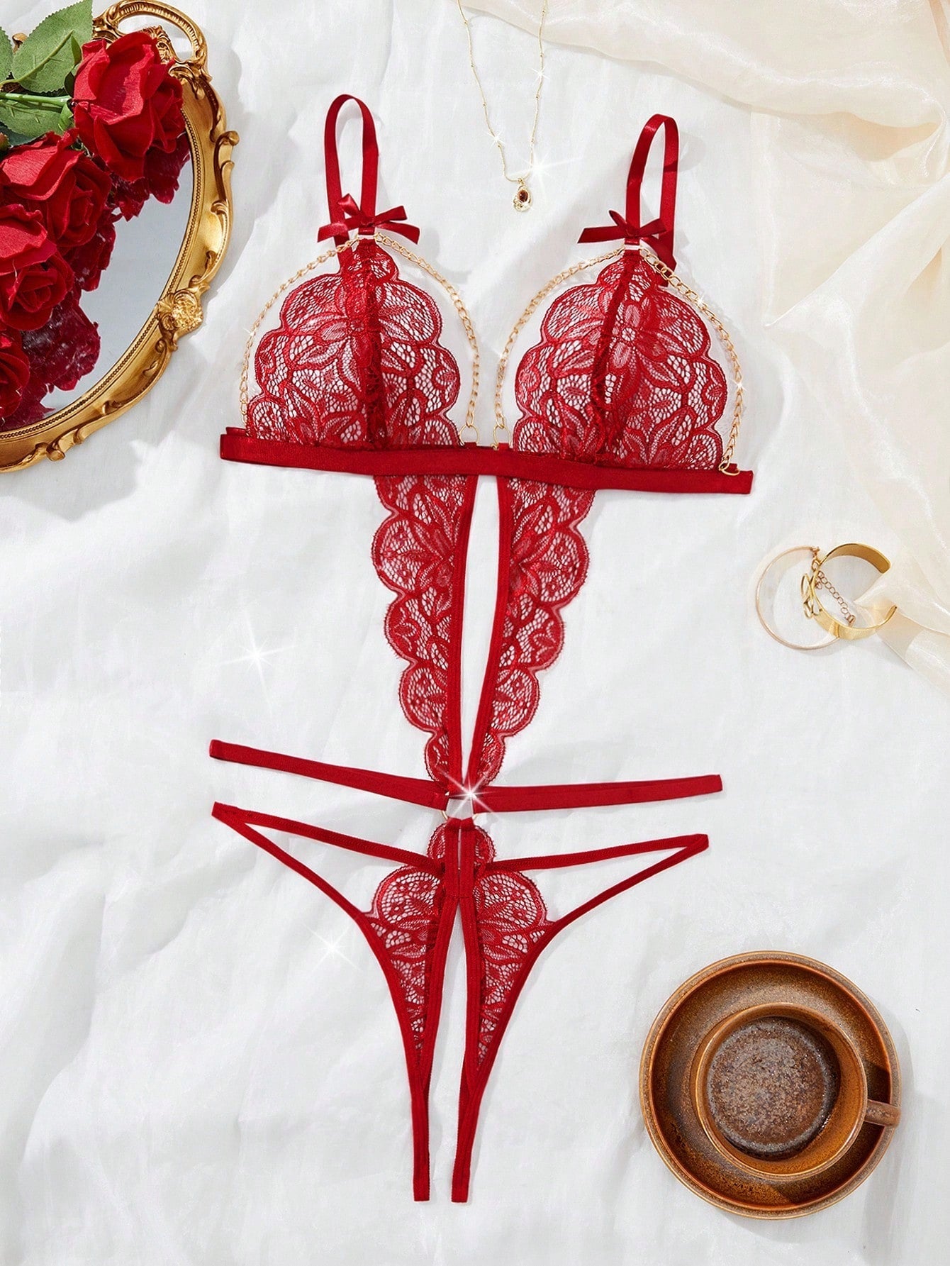 1pc Women Lace Sexy Bodysuit Lingerie For Going Out, Baddie Look