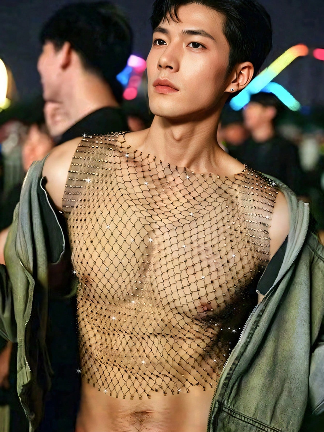 Men’s Casual Crop Top With Rhinestone Accent Fabric Design