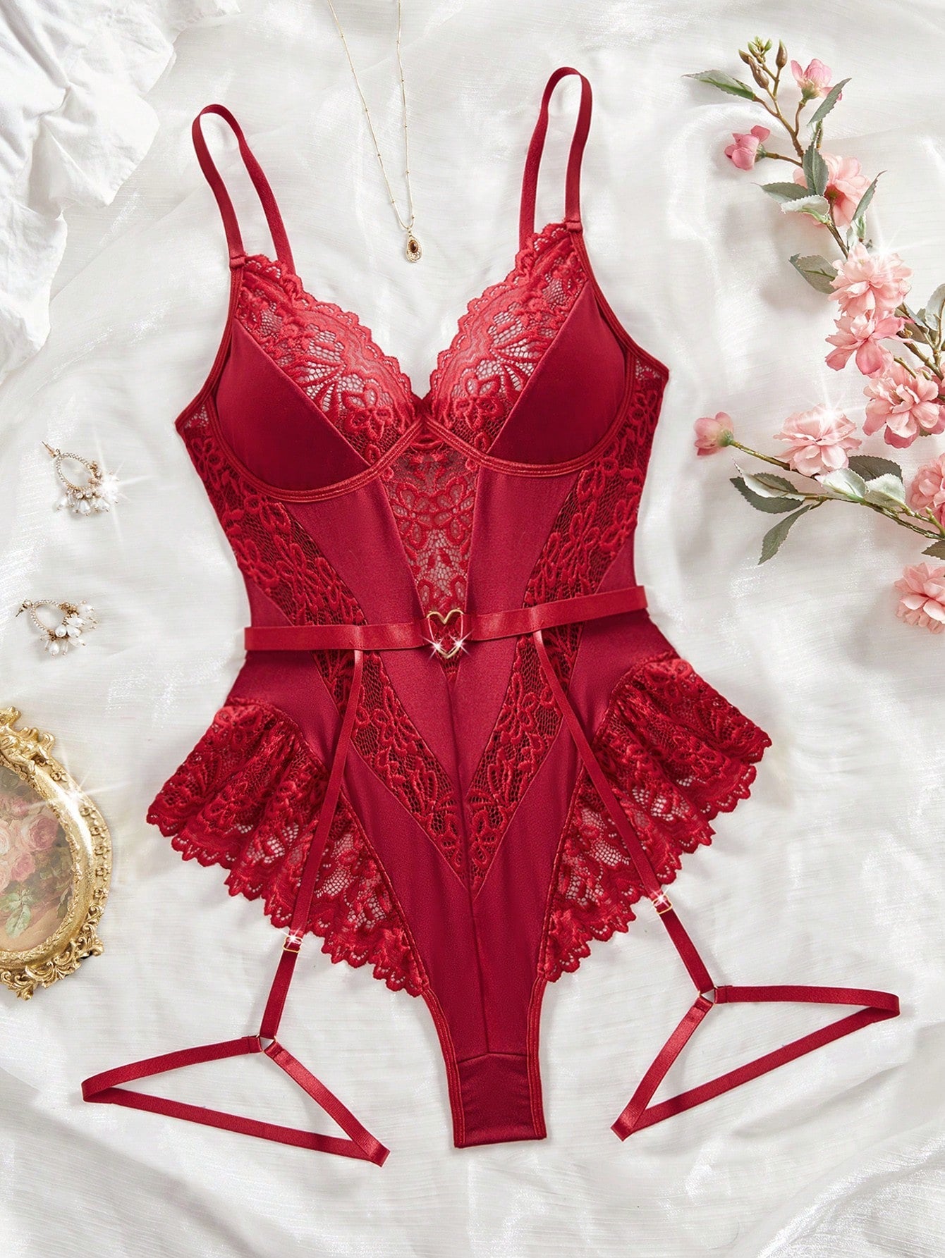 2pcs Women Lace Patchwork Bodysuit Set (No Underwire, No Garter), Lightweight Fabric Construction, Coordinated Two-Piece Structure, Suitable For General Wear And Styling