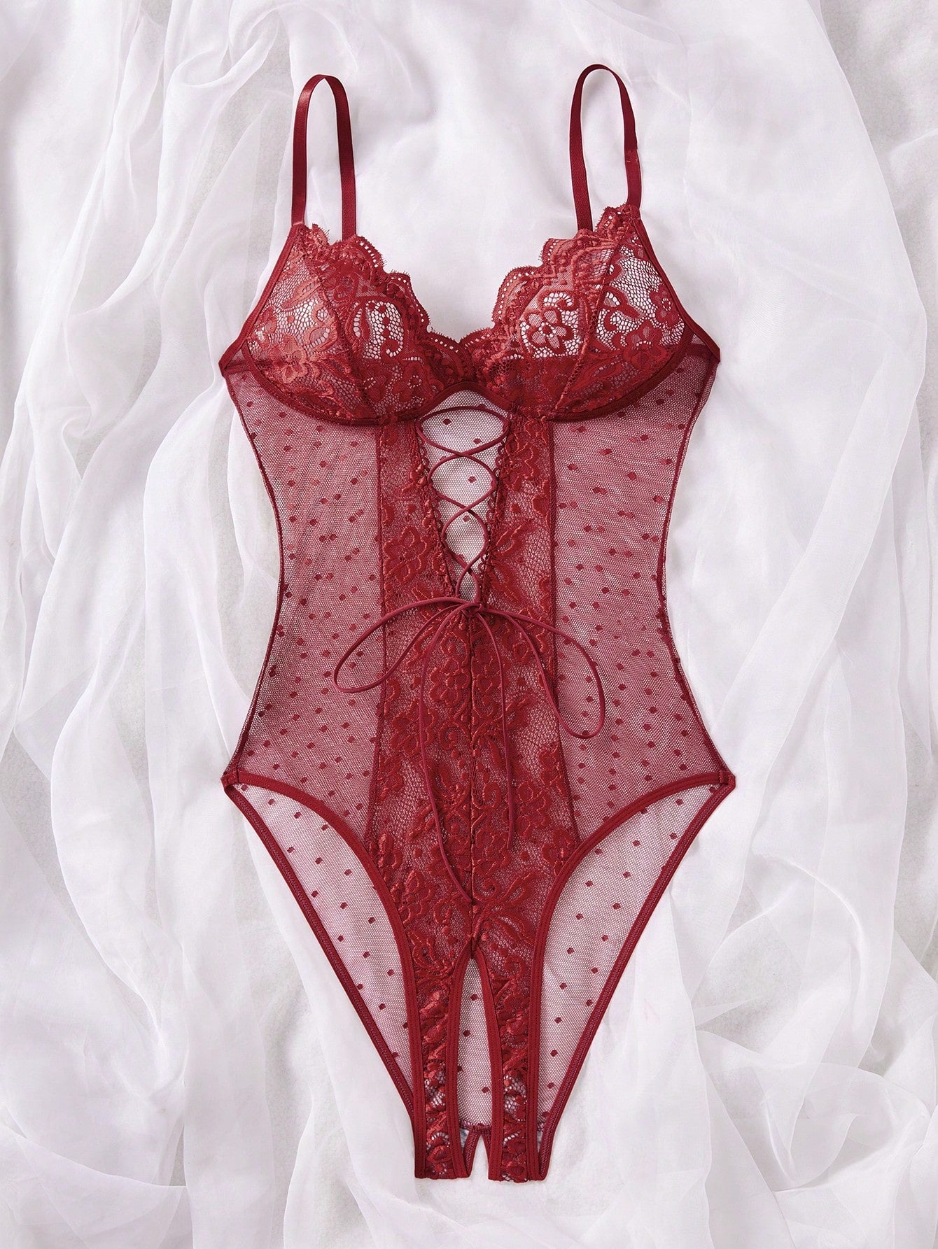 Women Contrast Lace And Mesh Bodysuit With One-Piece Construction, Layered Fabric Design, Lightweight And Flexible Fit, Clean Silhouette, Suitable For General Wear And Outfit Styling