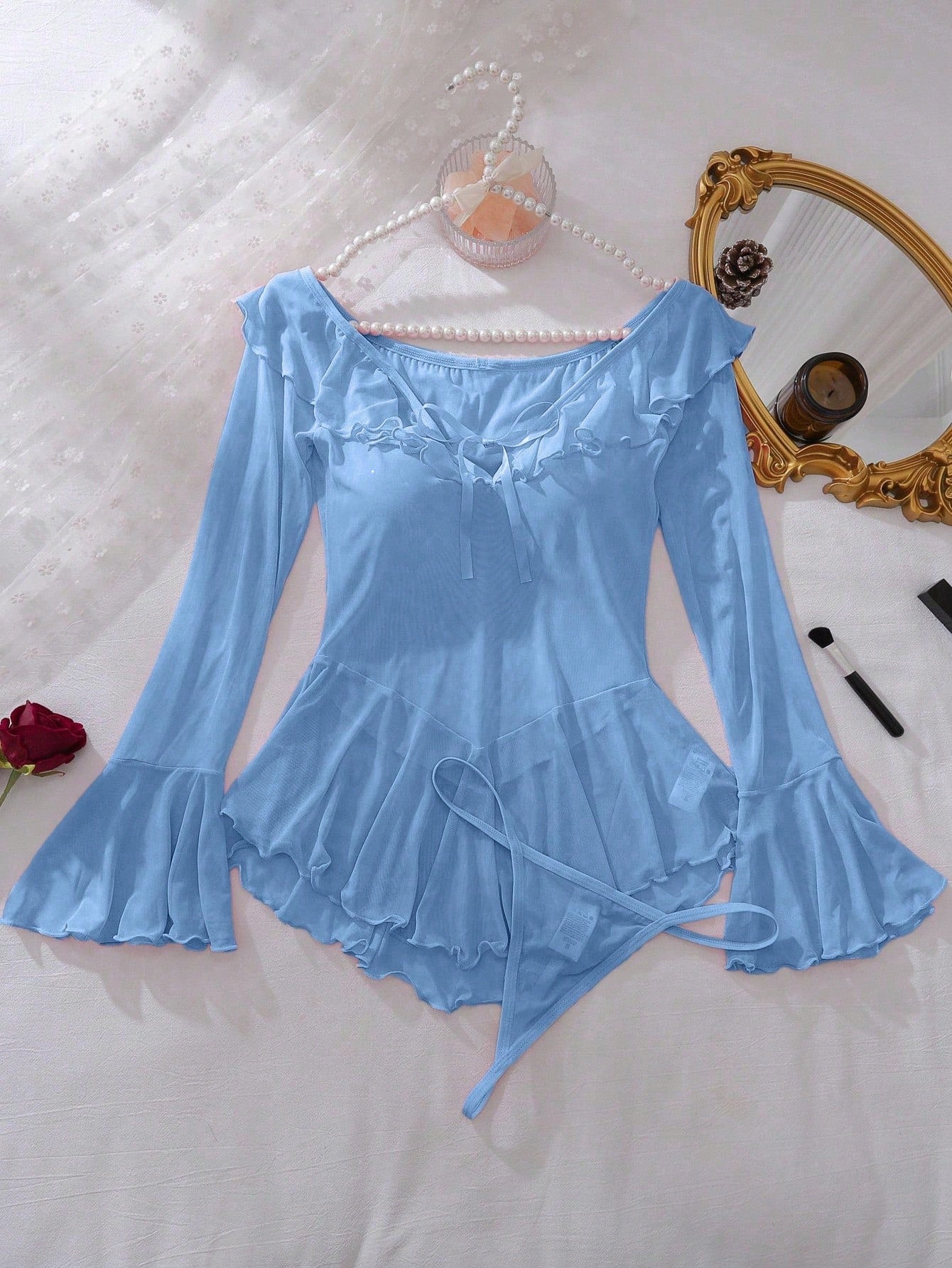2pcs Women Mesh Splicing Nightwear Style Set With Flounce Collar And Long Sleeve Pleated Design, Lightweight Fabric Construction, Coordinated Two-Piece Structure, Suitable For General Wear And Styling