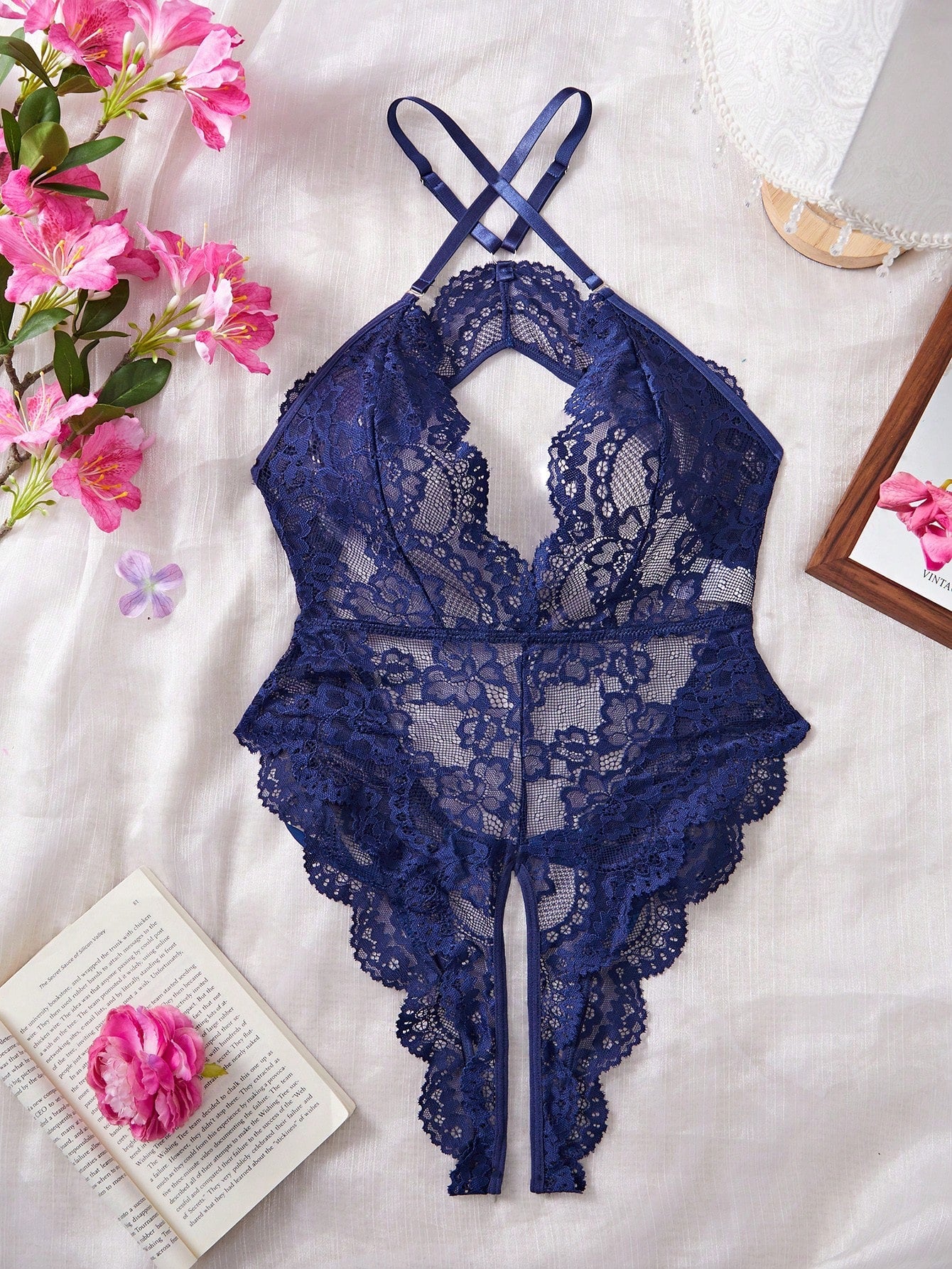 Lace & Bow Knot Decor Ladies' Sexy Bodysuit Lingerie For Going Out, Baddie Look