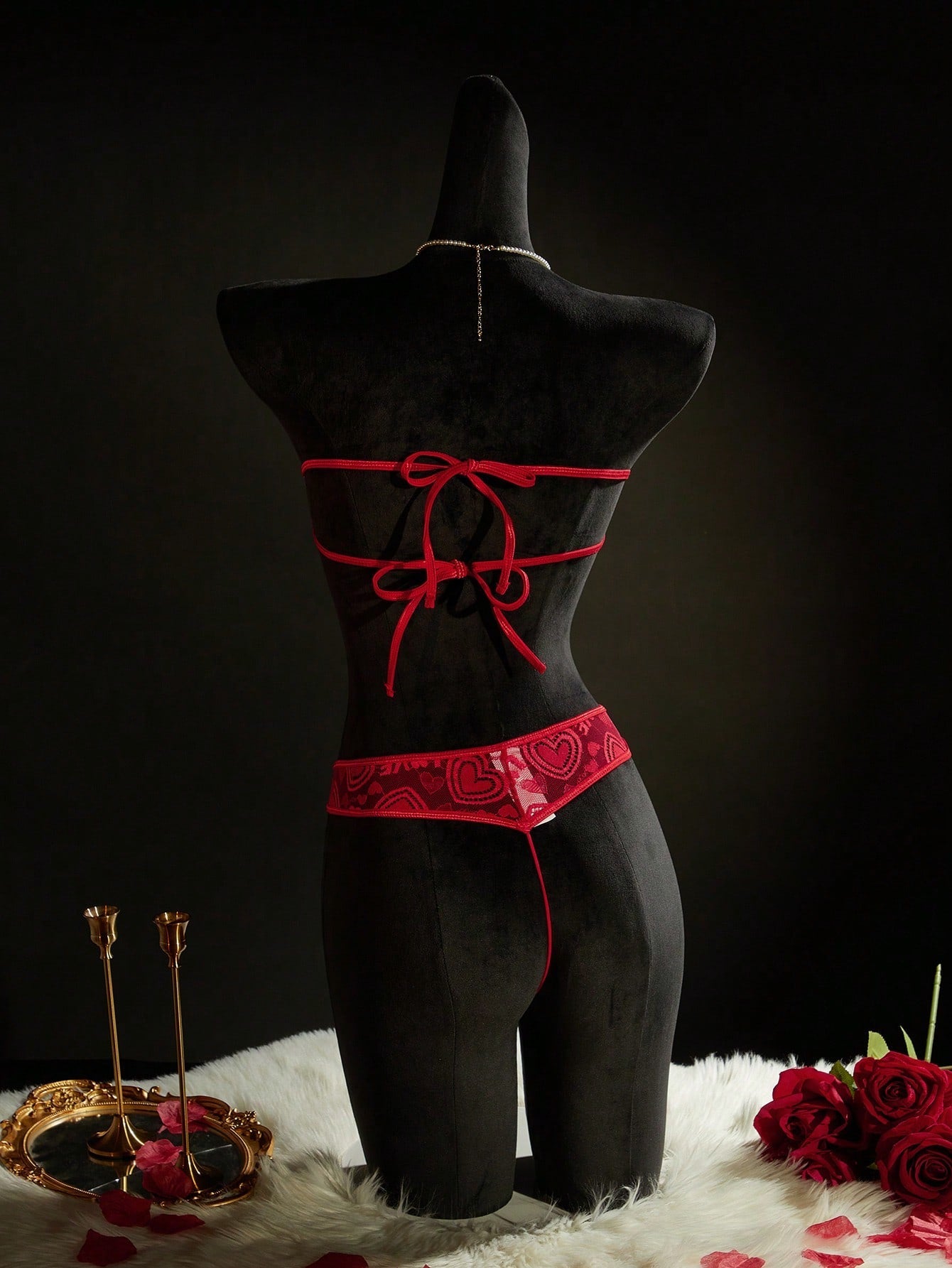 Women's Fashion Sheer Heart Detail Bandeau Sexy Lingerie Set Lace Lingerie