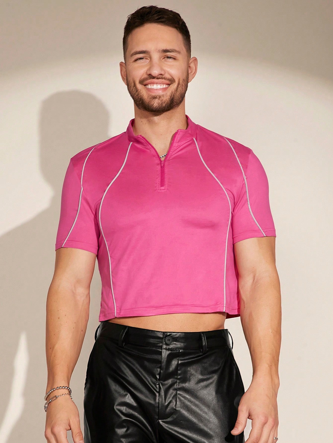 Men's Contrast Piping Zip Front Polo Shirt