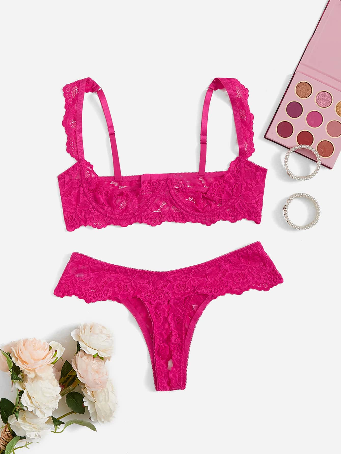 Women's sheer lace underwire bra and thong set with open cup bra, adjustable spaghetti straps, and matching low rise V-string thong in a 2-piece lingerie set.