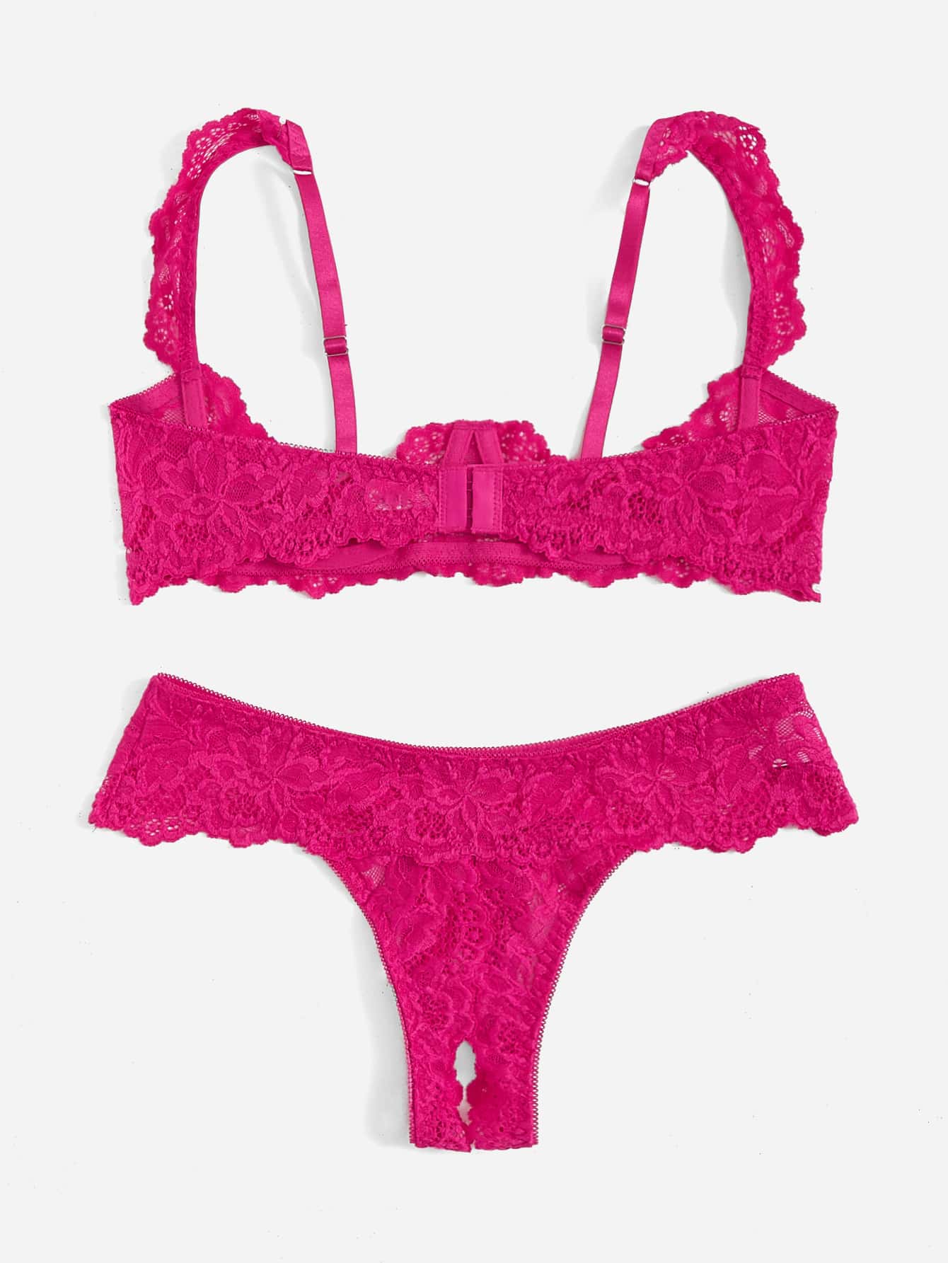 Women's sheer lace underwire bra and thong set with open cup bra, adjustable spaghetti straps, and matching low rise V-string thong in a 2-piece lingerie set.