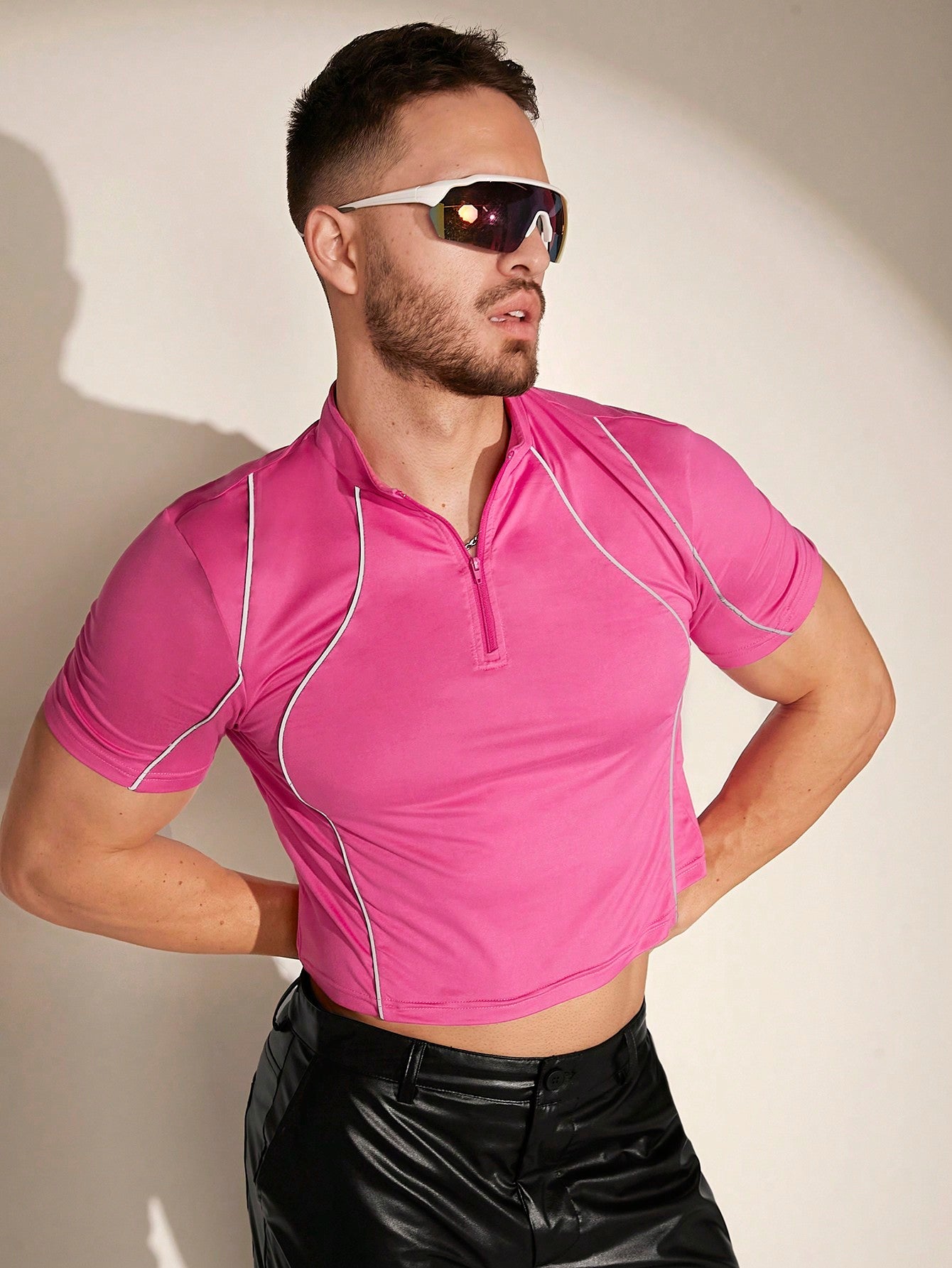 Men's Contrast Piping Zip Front Polo Shirt