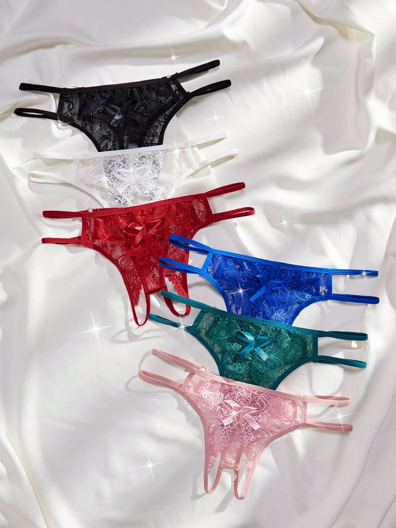 6-piece women's crotchless thong panties set in lace with low rise design and plain pattern