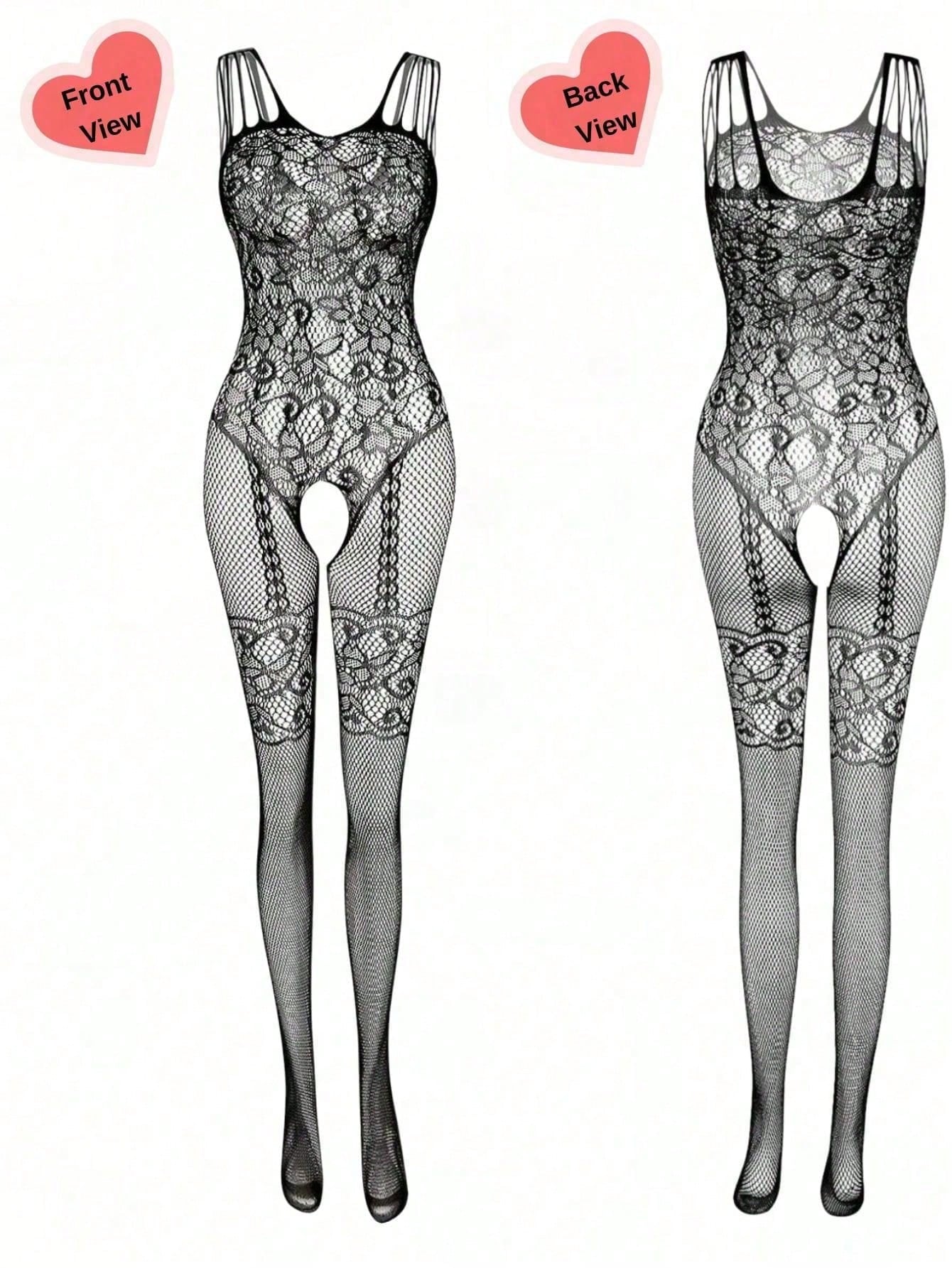 Women's black fishnet bodystocking in semi-sheer mesh fabric, sleeveless and wireless with high stretch fit and unpadded design.