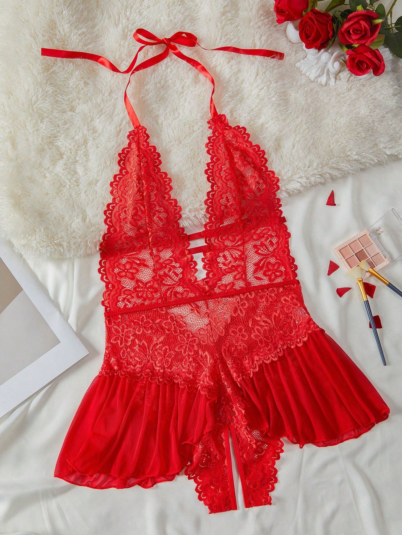 Women's halter lace babydoll lingerie with sheer backless design, crossback straps, wireless triangle bra, exaggerated ruffle detail, and V-string panty