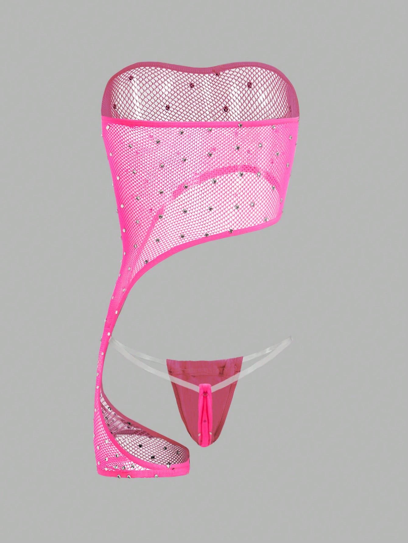 Women's 2-piece sheer lingerie set featuring an asymmetric strapless bodysuit with cut-out rhinestone details and a matching low-rise G-string thong.