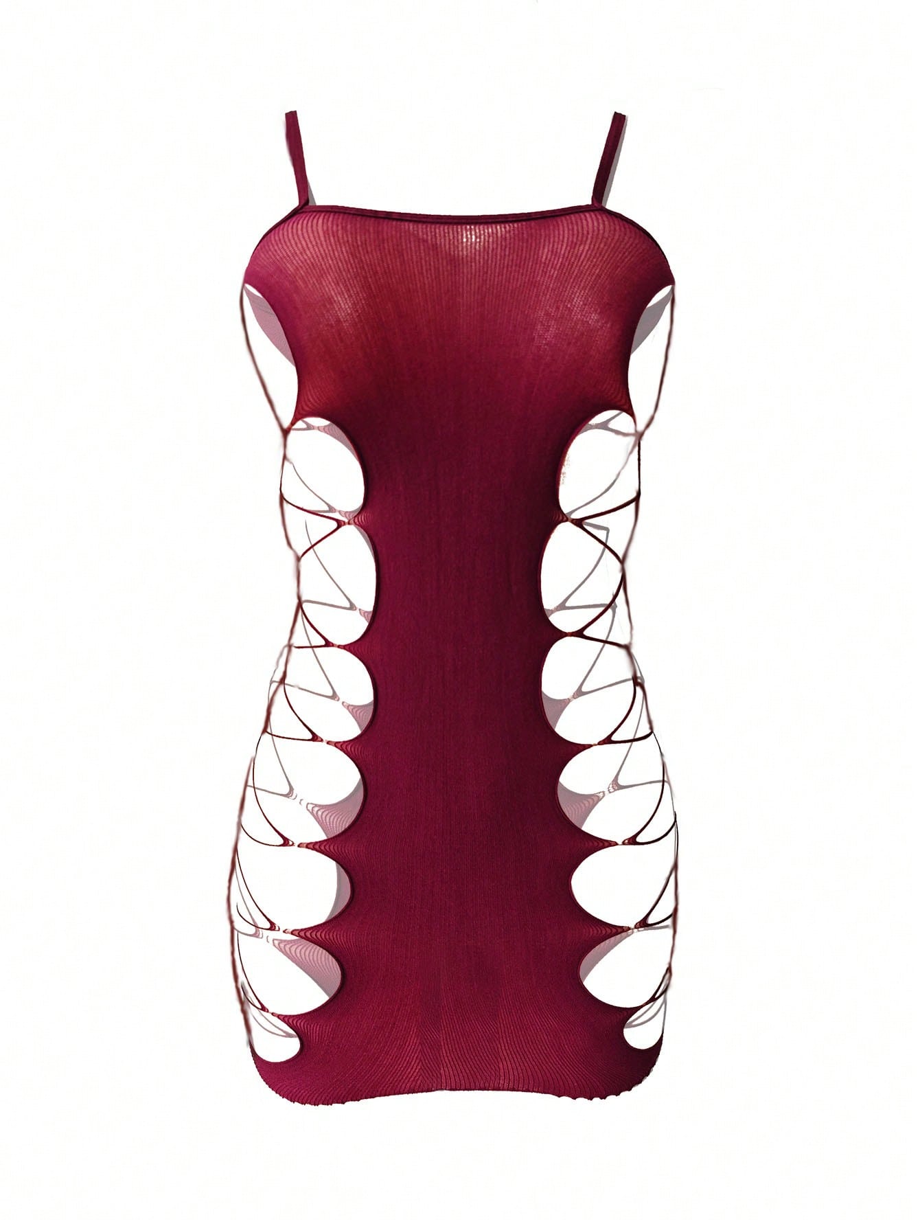 Women's sheer mesh babydoll lingerie dress with cut-out detail, adjustable spaghetti straps, mini length, and high-stretch fabric.