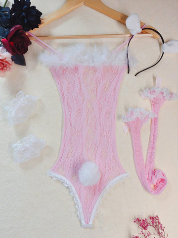 Pink lace bodystocking lingerie set for women with adjustable spaghetti straps, bow detail, contrast faux fur trim, matching headpiece, armband, stockings, and thong.