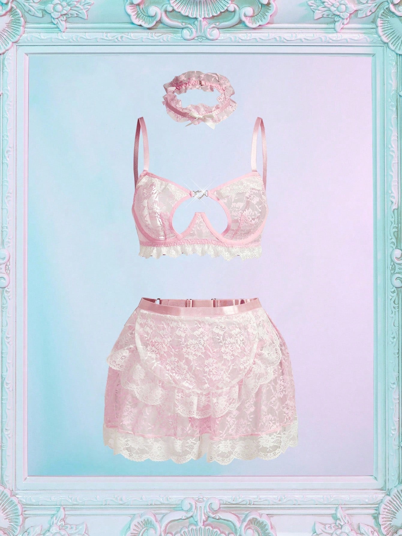 Women's 4-piece lace lingerie set with underwire bra, adjustable spaghetti straps, thong panty, short skirt, backless contrast lace details, and high-stretch fabric.