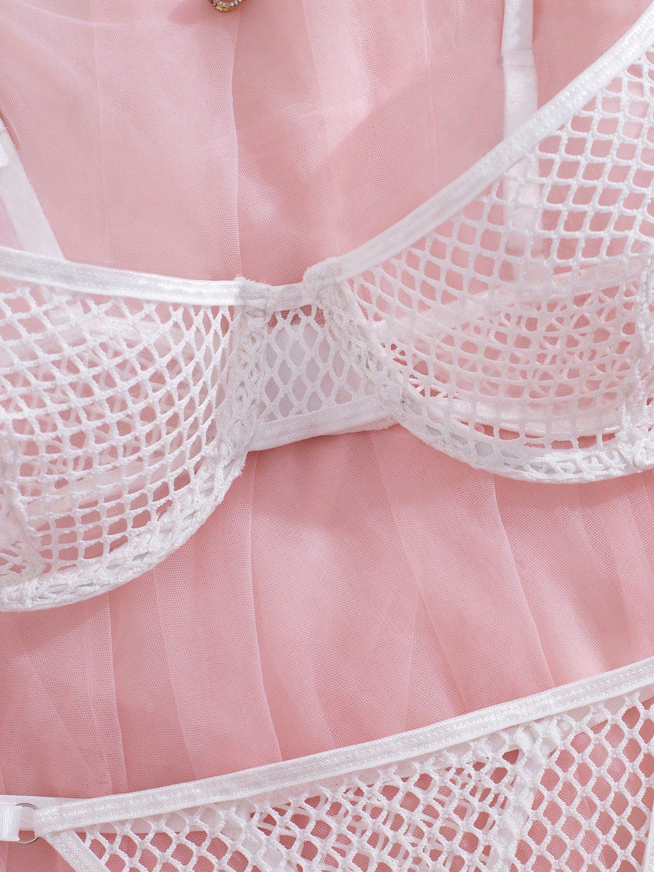 Women's 2-piece mesh lingerie set with hollow out detail, underwire bra, adjustable spaghetti straps, and matching low-rise thong panties in a sheer plain design.