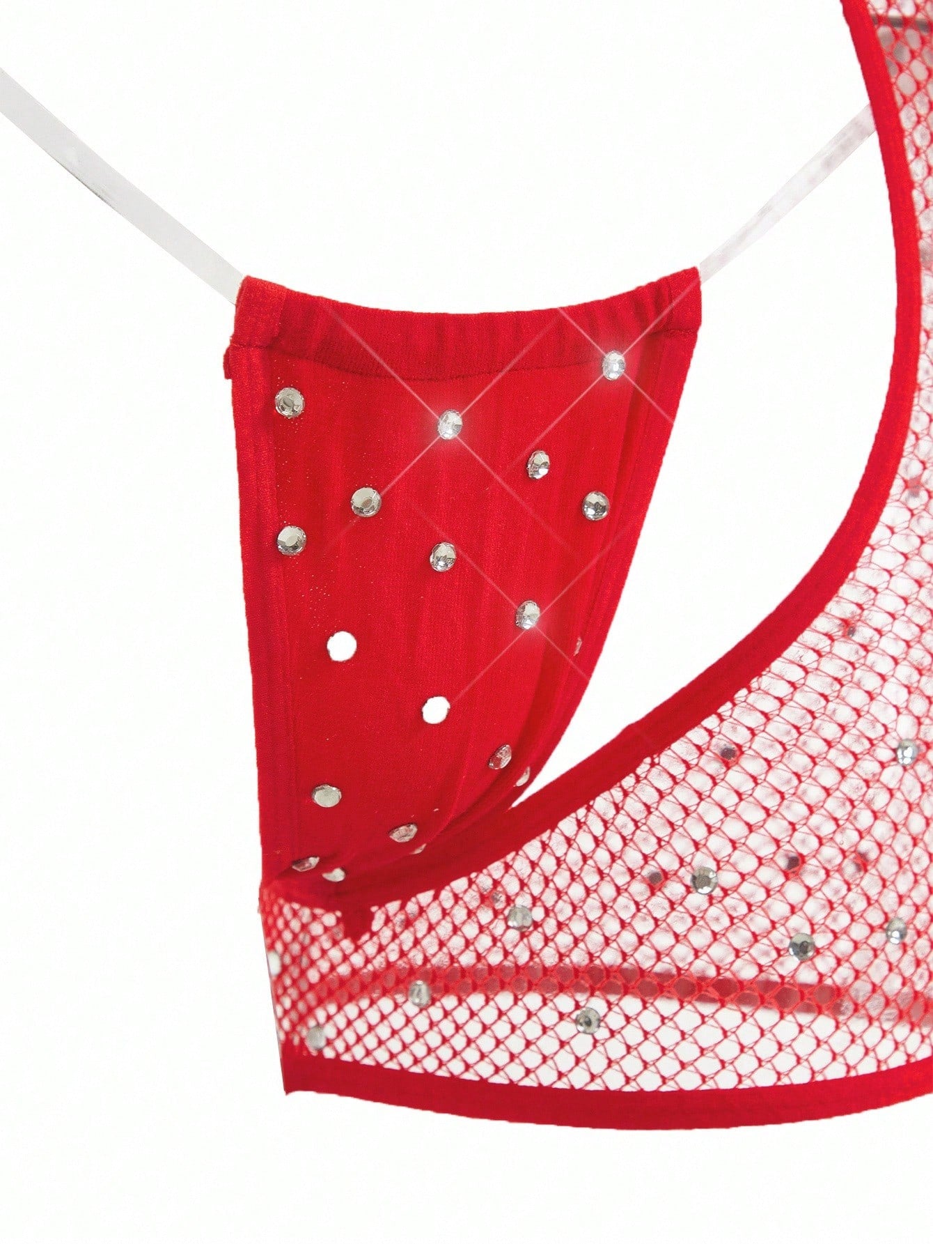 Women's 2-piece sheer lingerie set featuring an asymmetric strapless bodysuit with cut-out rhinestone details and a matching low-rise G-string thong.