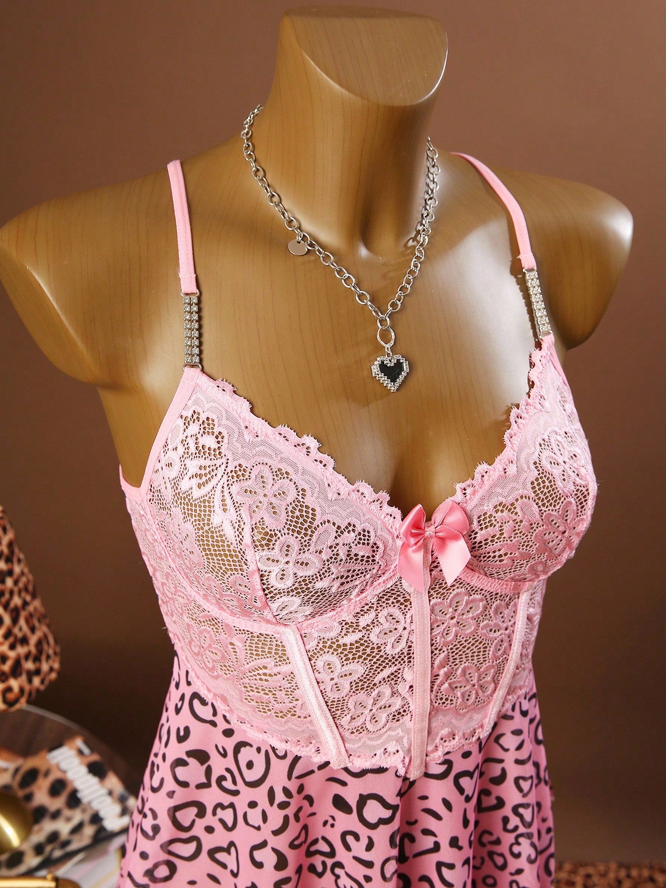 Women's sheer mesh lace patchwork nightgown with plant print, adjustable spaghetti straps, backless design, and bow knot detail