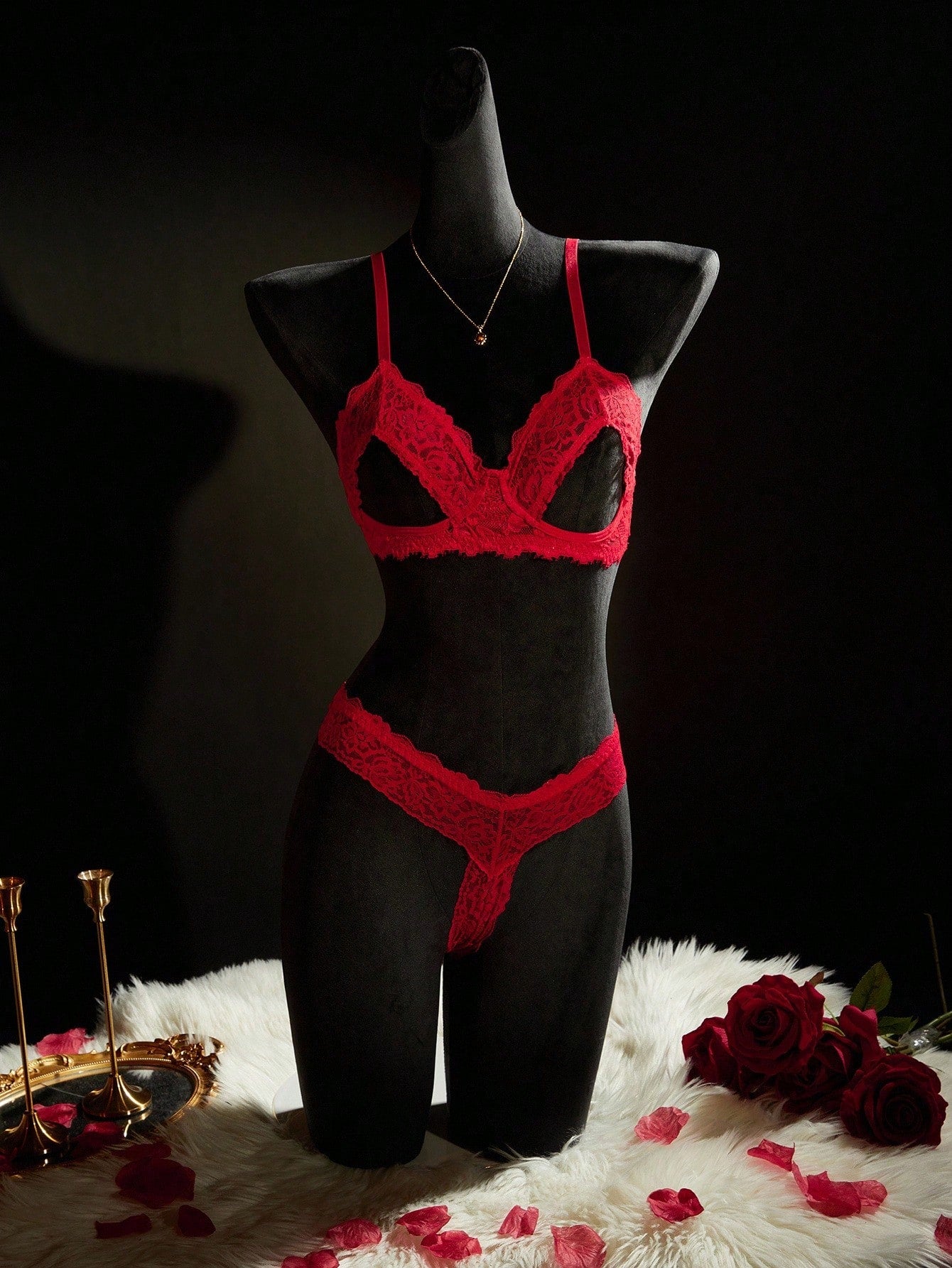 Women's 2-piece lace lingerie set with hollow out details, wireless triangle cup bralette, adjustable spaghetti straps, and matching low-rise thong.
