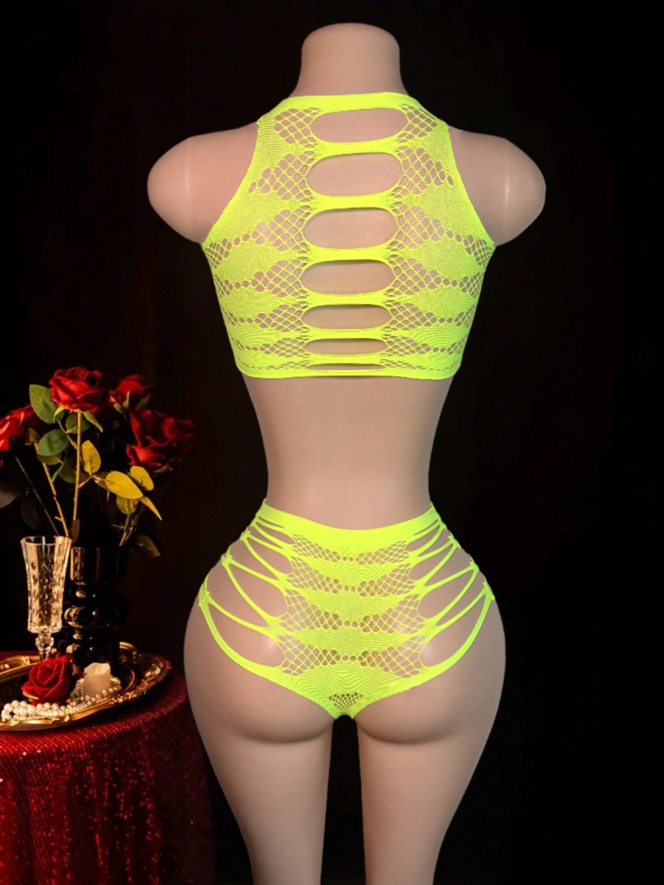Women's 2-piece lace jumpsuit lingerie set with wireless full cup design, sleeveless crop styling, semi-sheer look, and high-stretch knitted fabric.