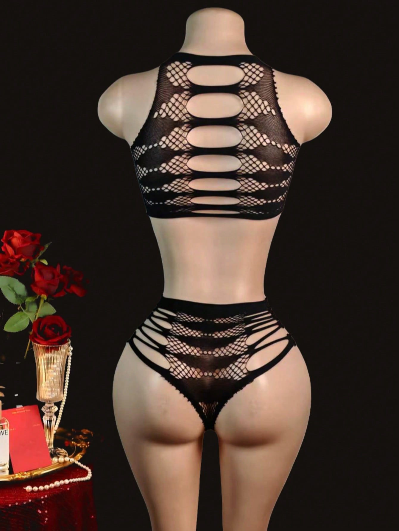 Women's 2-piece lace jumpsuit lingerie set with wireless full cup design, sleeveless crop styling, semi-sheer look, and high-stretch knitted fabric.