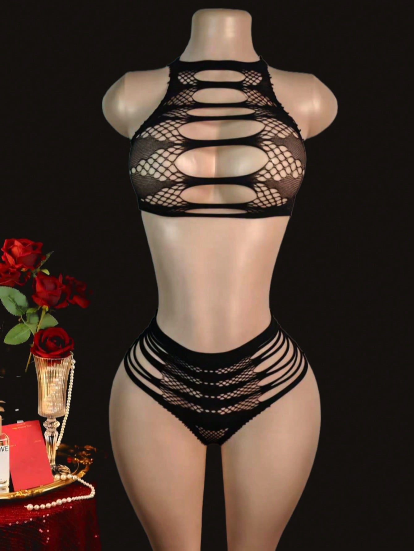 Women's 2-piece lace jumpsuit lingerie set with wireless full cup design, sleeveless crop styling, semi-sheer look, and high-stretch knitted fabric.