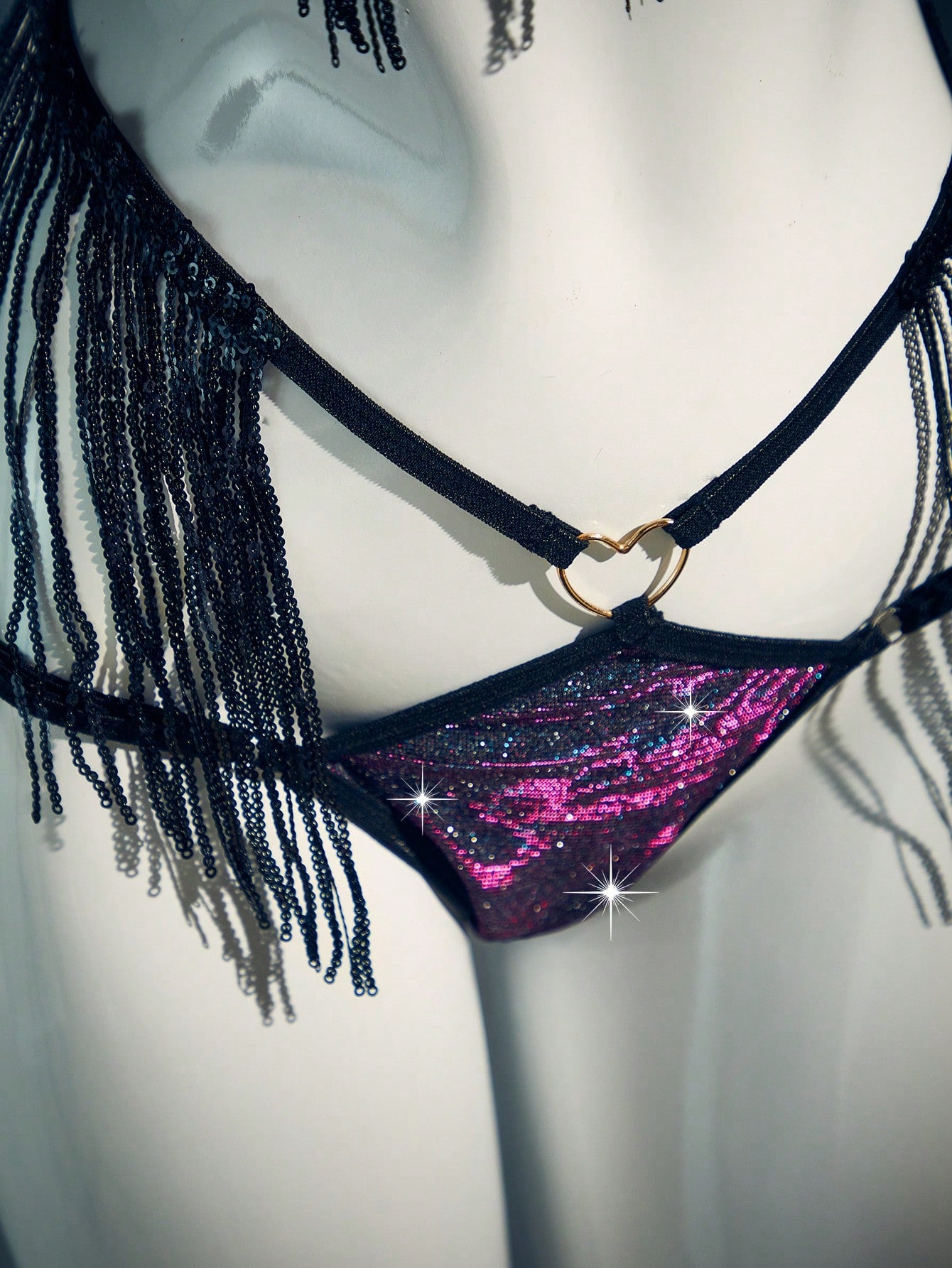 Women's 2-piece sexy lingerie set with sequin tassel accents, contrast lace, halter wireless bralette, adjustable straps, backless design, and matching thong bottom.
