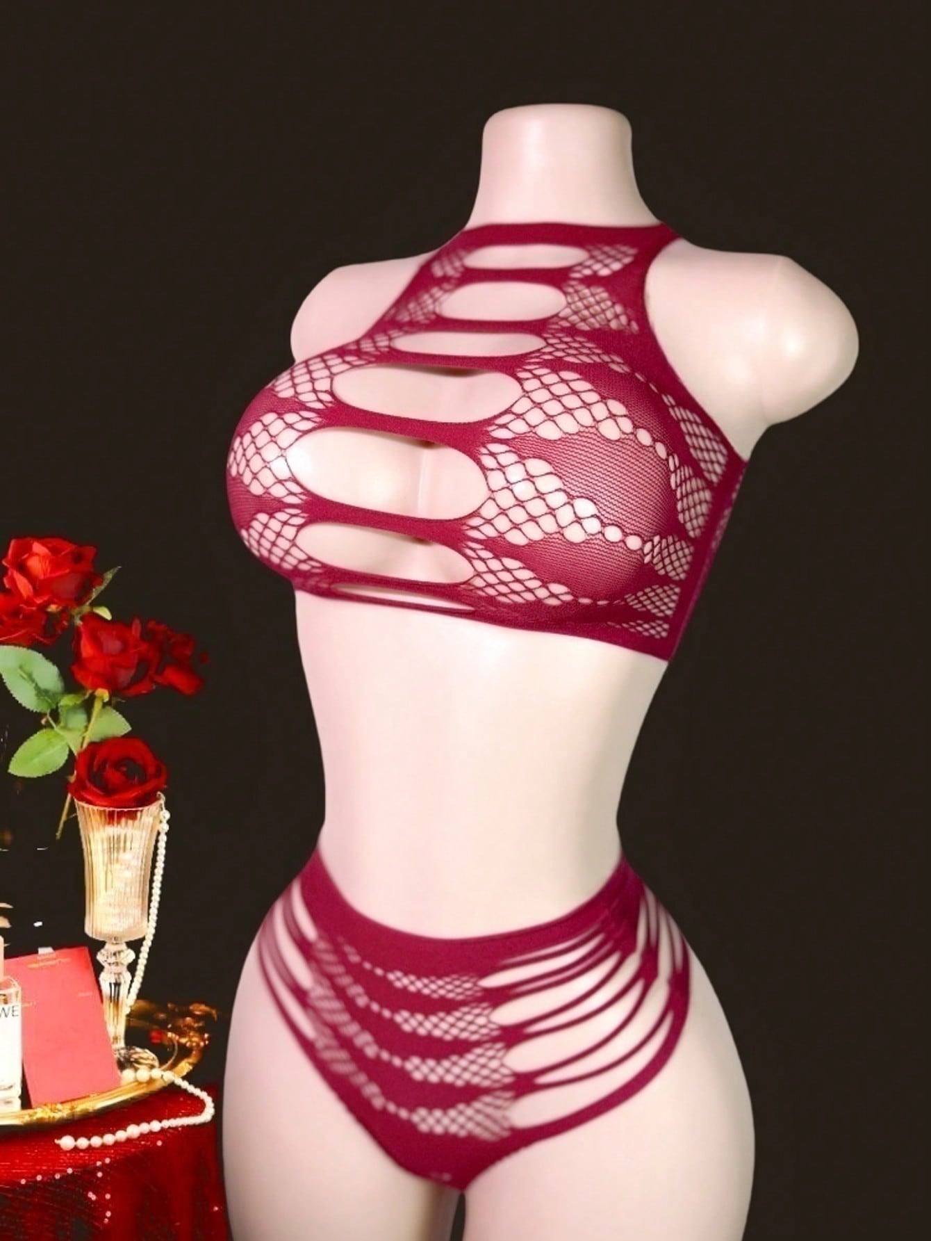 Women's 2-piece lace jumpsuit lingerie set with wireless full cup design, sleeveless crop styling, semi-sheer look, and high-stretch knitted fabric.