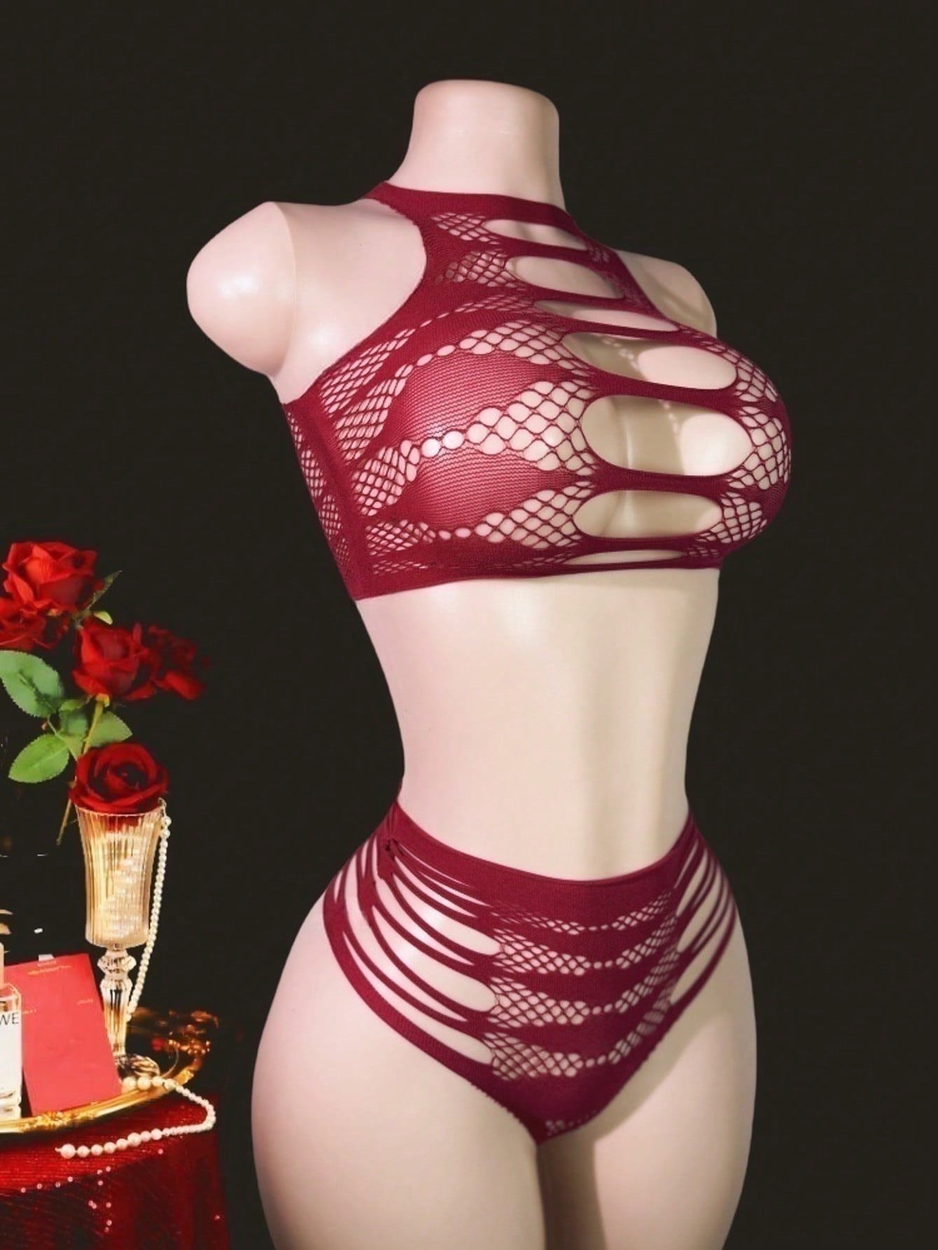 Women's 2-piece lace jumpsuit lingerie set with wireless full cup design, sleeveless crop styling, semi-sheer look, and high-stretch knitted fabric.
