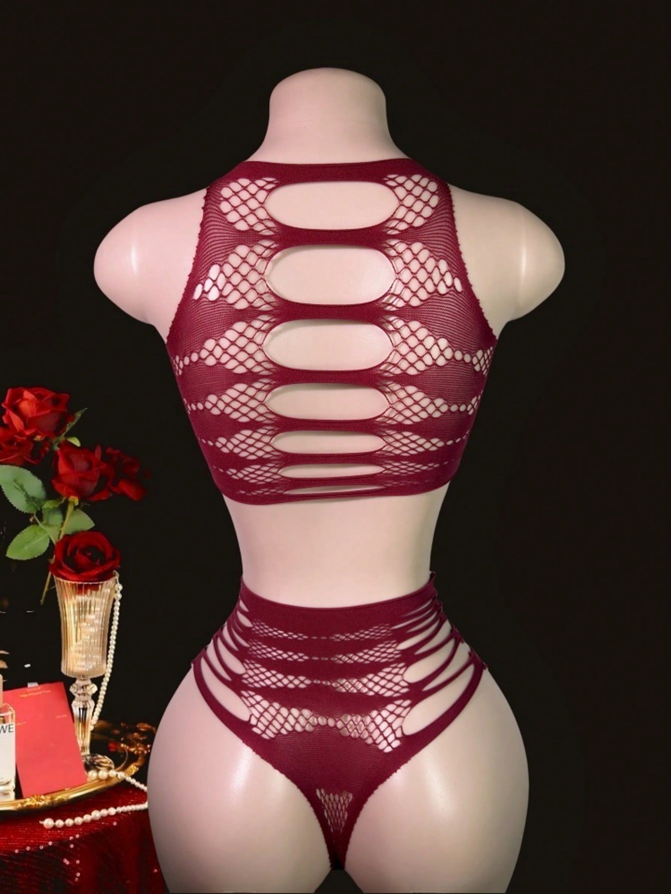 Women's 2-piece lace jumpsuit lingerie set with wireless full cup design, sleeveless crop styling, semi-sheer look, and high-stretch knitted fabric.