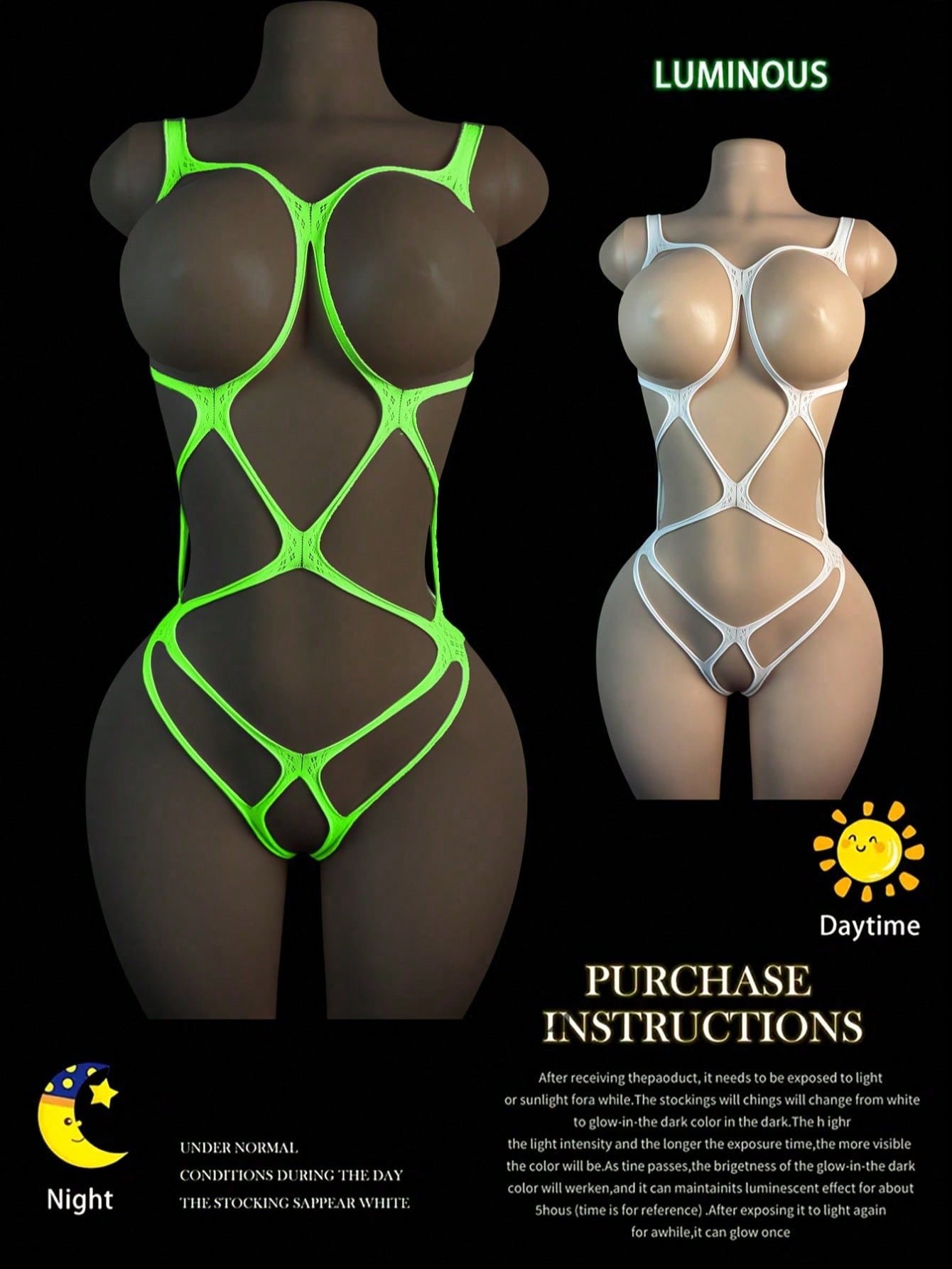 Women's 1-piece fishnet jumpsuit lingerie with hollow out detail, adjustable straps, strapless neckline, sleeveless design, semi-sheer look, and high-stretch fabric.