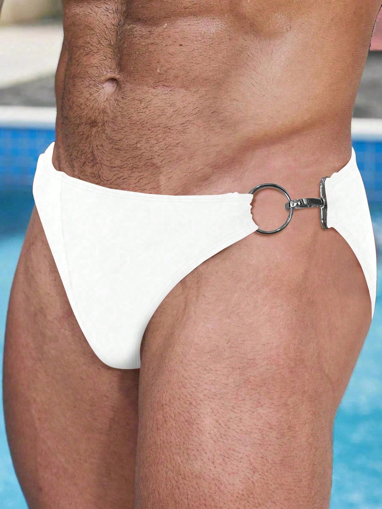 Men's solid swim briefs with O-ring detail, high waist, short racer cut, and high-stretch polyamide elastane fabric.