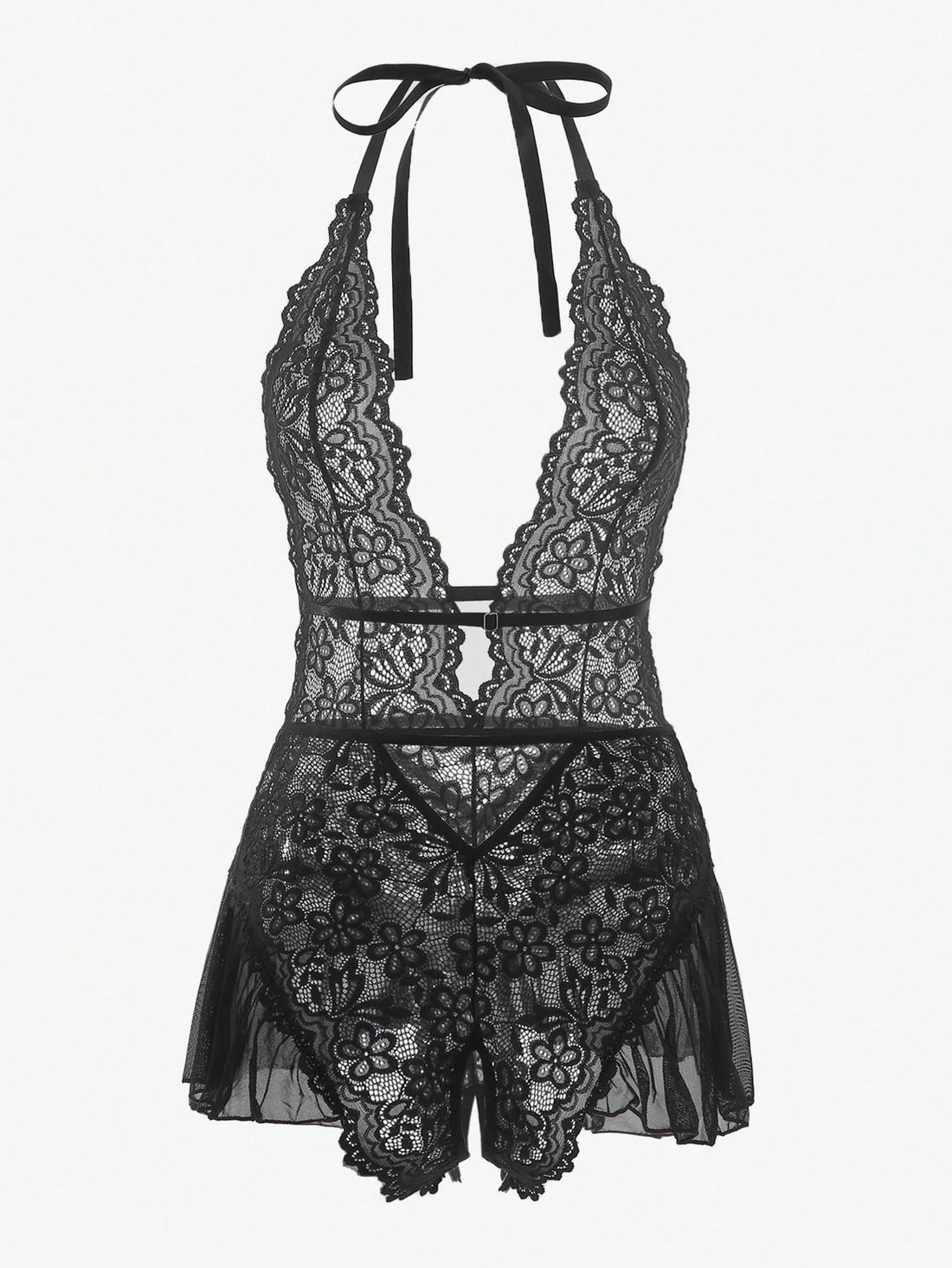 Women's halter lace babydoll lingerie with sheer backless design, crossback straps, wireless triangle bra, exaggerated ruffle detail, and V-string panty